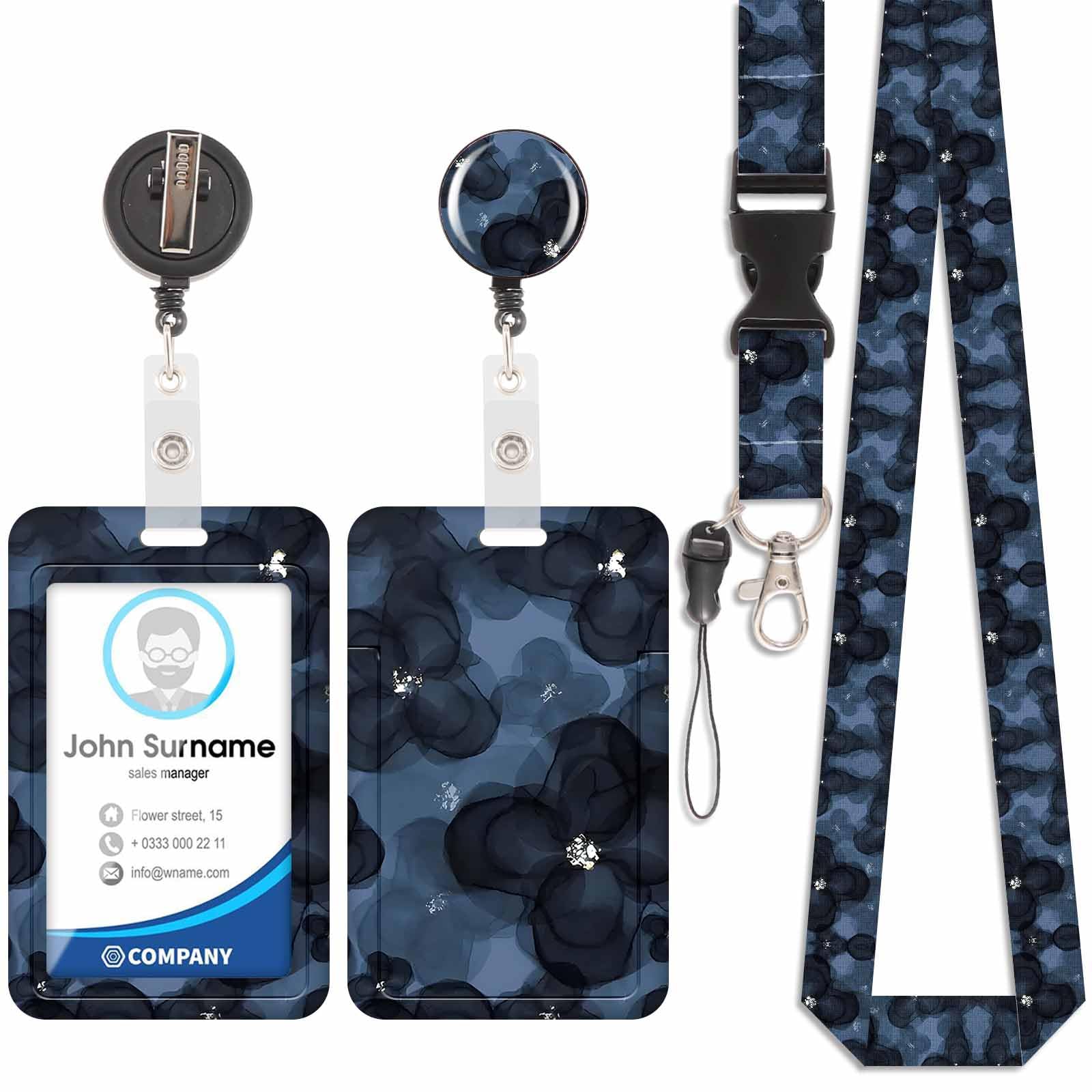 Badge Holder with Lanyard, ID Badge Holder with Detachable Cute Lanyard, Retractable badge Reel Carabiner Clip, Personalized Vertical Card Cover Case Protector for Nurse Teacher Student (Black Flower)