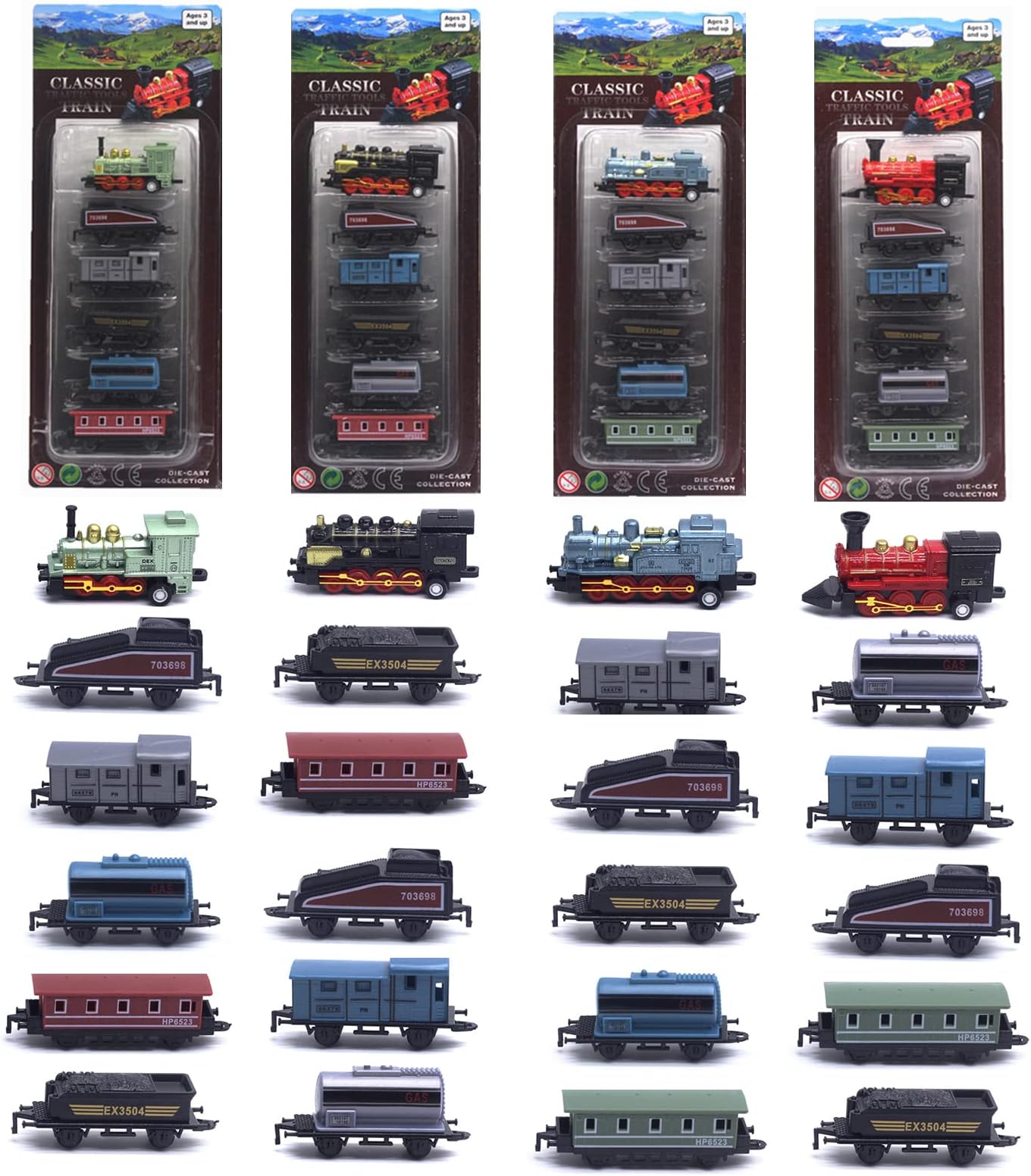 Corper Toys Mini Train Toy Set, 4 Packs (24 Pieces) Pull Back Model Train Playset For 3 4 5 6 Year Old Boys Girls, Diecast Steam Train With Linkable Cars For Birthday Gifts - Multicolor