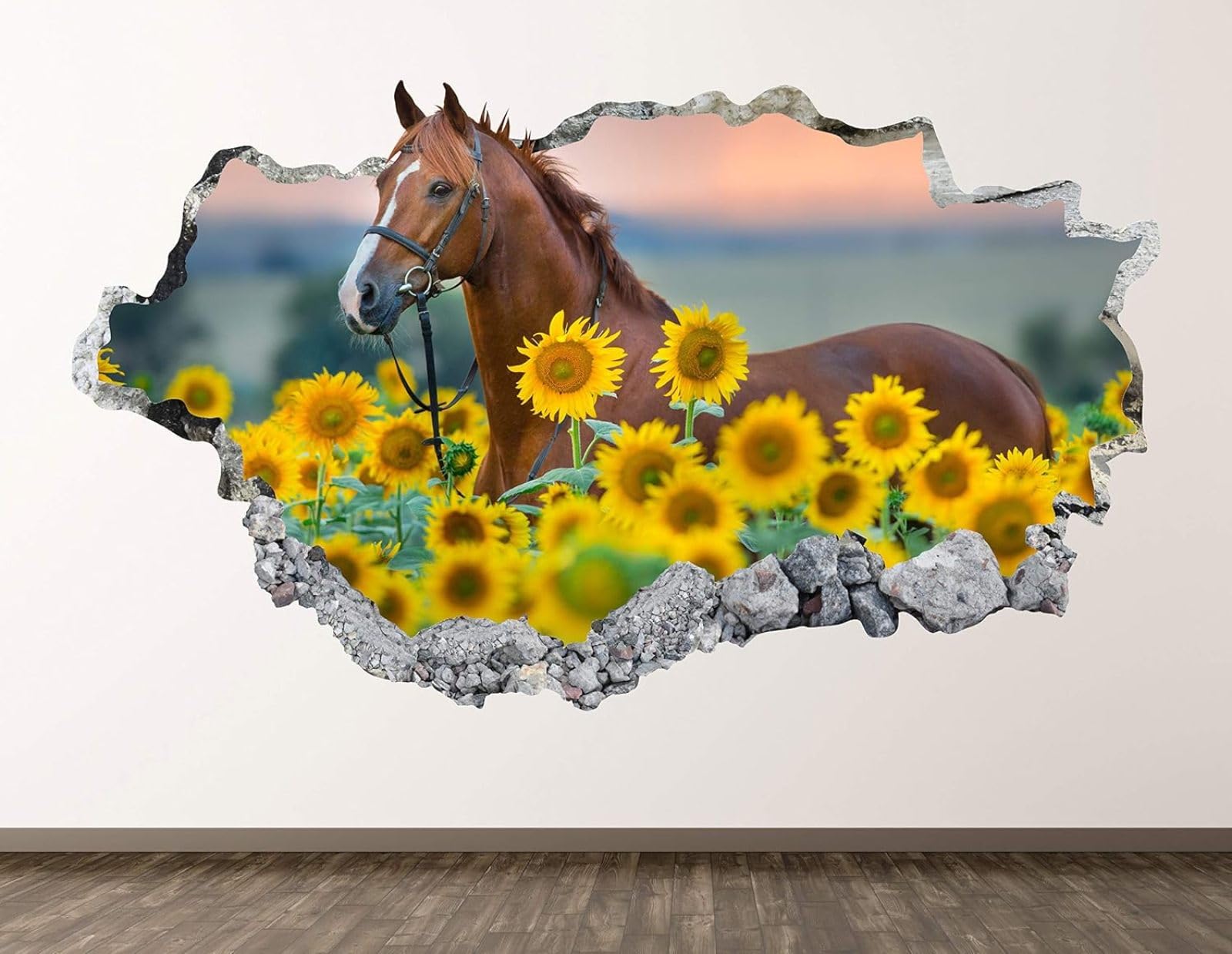 Stickers Muraux 3D Smashed Murales Tournesol Cheval Autocollants de sol en vinyle imperméables amovibles Art pour chambre salon salle de bain porte bureau pépinière décoration murale 70x122cm