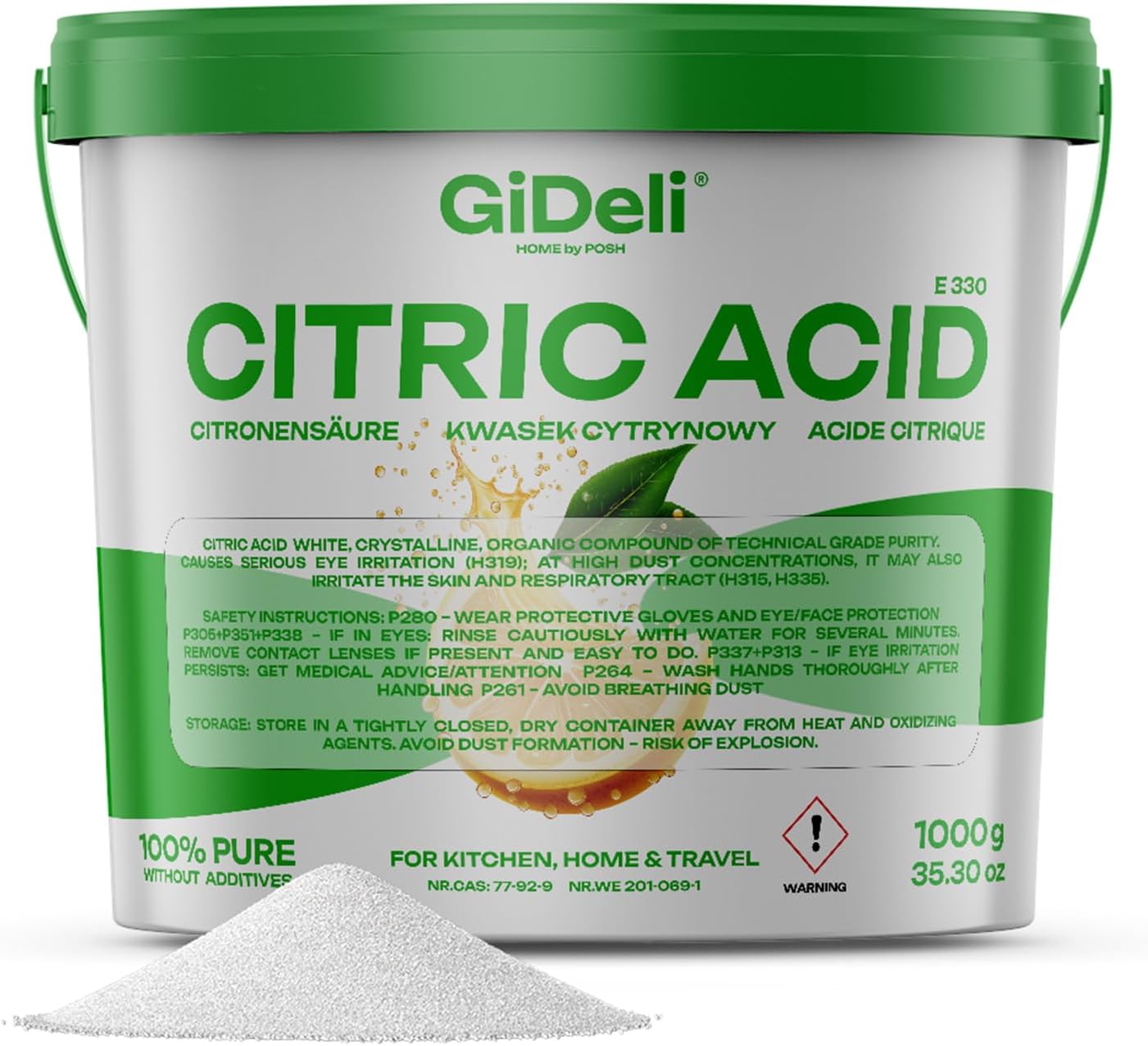 Citric acid food grade in powder monohydrate 1000g pure E330 crystals cleaning quality descaler acid agent unsweetened in resealable bucket 1kg
