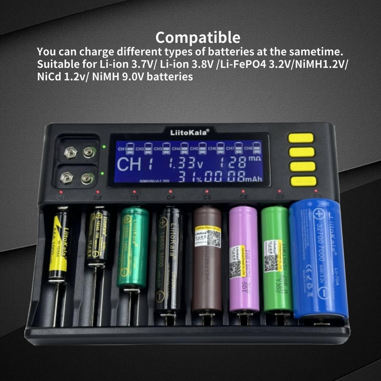 18650 ładowarka do baterii LiitoKala Lii-S8 8 zatok inteligentna ładowarka 9V z wyświetlaczem LCD do akumulatora litowo-jonowego LiFePO4 Ni-MH Ni-Cd AA AAA C 21700 26650 13650 16340 18700 RCR123