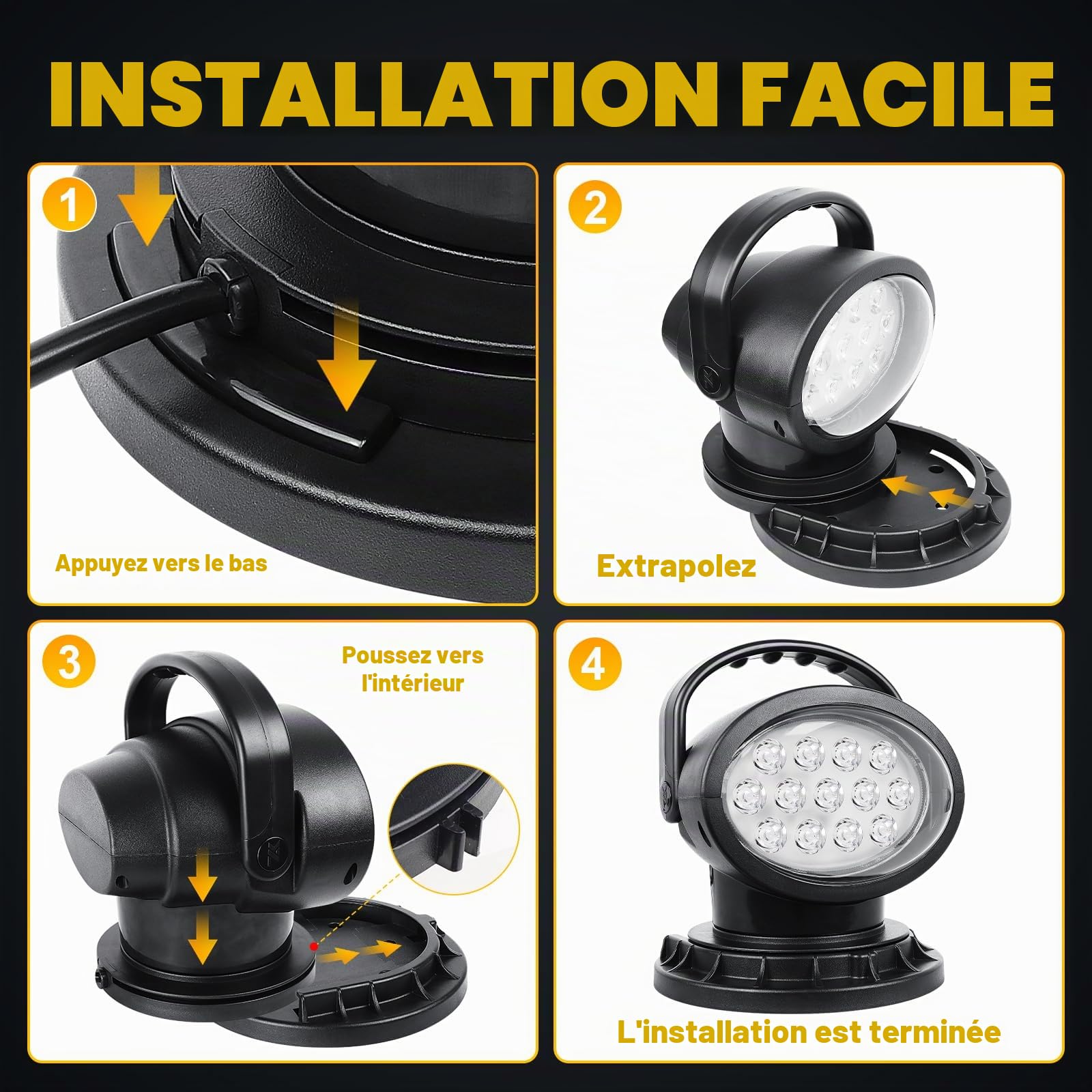 50W Projecteur LED Télécommandé, Lampe de Travail LED Rotative 360° | Mode Strobe, Aimants Puissants Intégrés, Luminosité Réglable, Projecteur 12V 24V pour Camions Bateaux Chasse