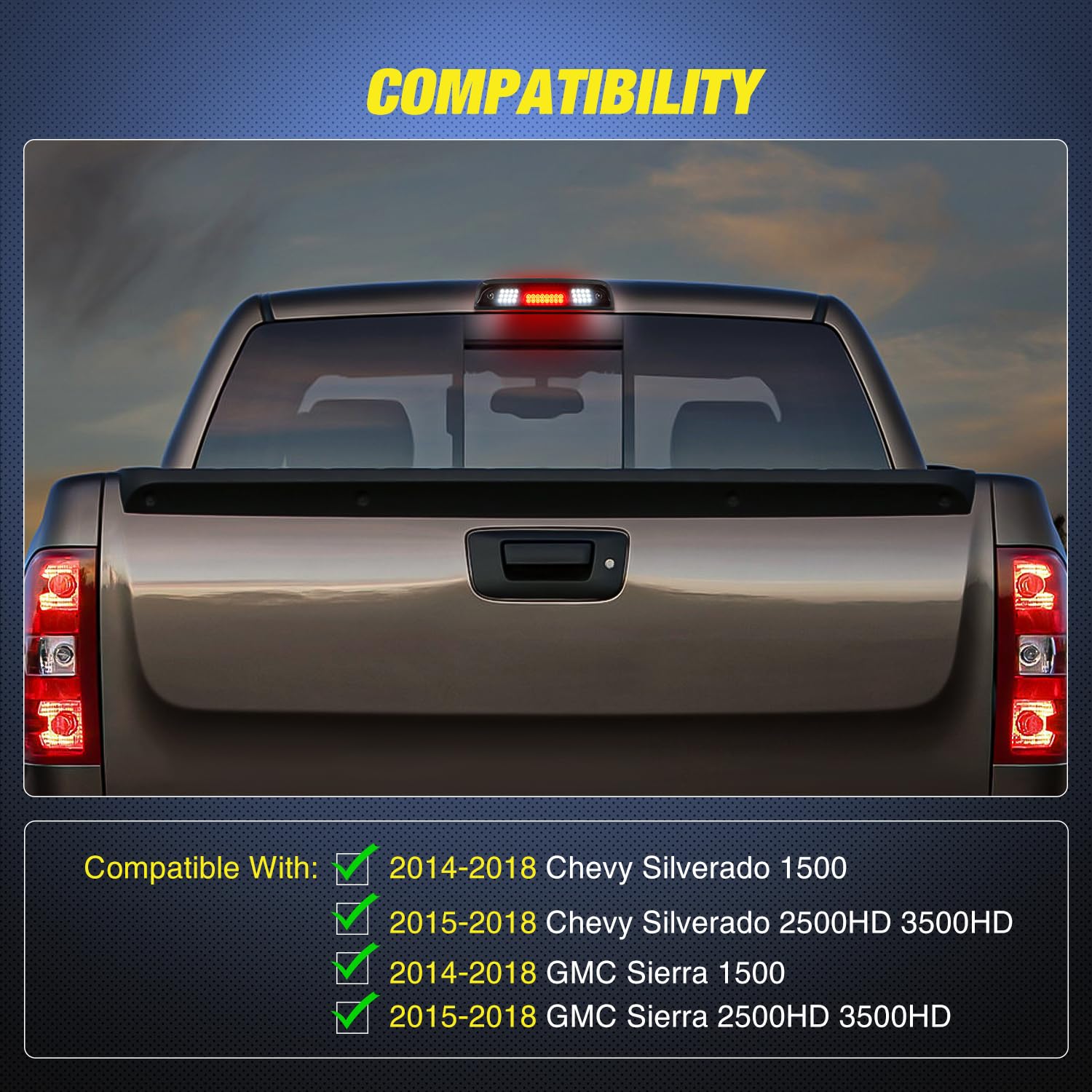 Nilight Third Brake Light High Mount 3rd Stop Reverse Cargo LED Lighting for Chevy Silverado GMC Sierra 1500 2500 3500HD 2014-2018 Pickup Truck Rear Cab Center Tail Lights