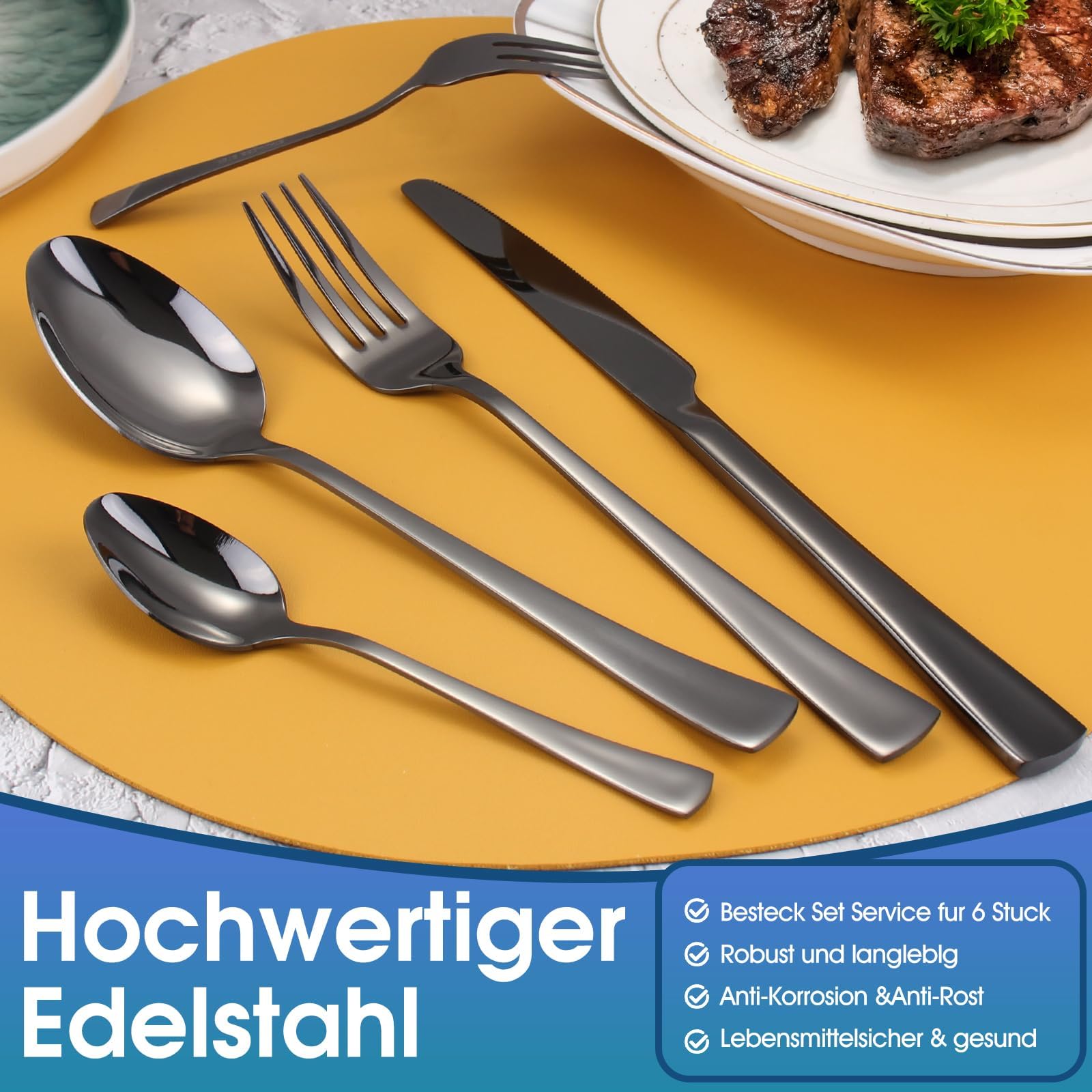 Targizer Schwarz Besteck Set 6 Personen,30 teilig Besteck aus Hochwertiges Edelstahl,Schwarz Besteckset mit Messern, Gabeln und Löffeln, Hochglanzpoliert und Spülmaschinenfest