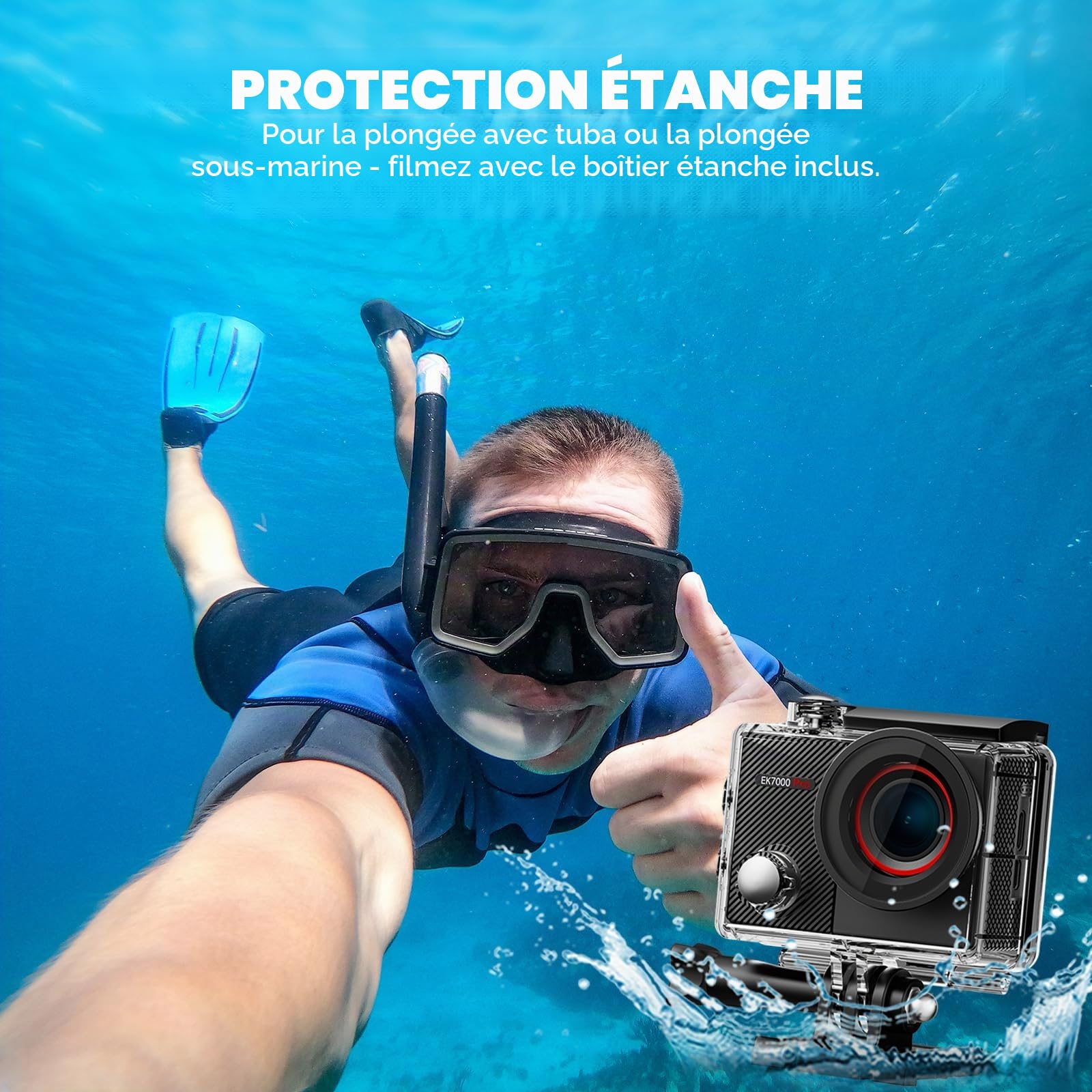 AKASO EK7000 Pro Caméra Sport 4K avec Carte MicroSDXC 64GB, 20MP WiFi Action Caméra Sportive avec Ecran Tactile, EIS Stabilisateur, Télécommande, 170° Angle Réglable, Étanche 40M et 2 Batteries
