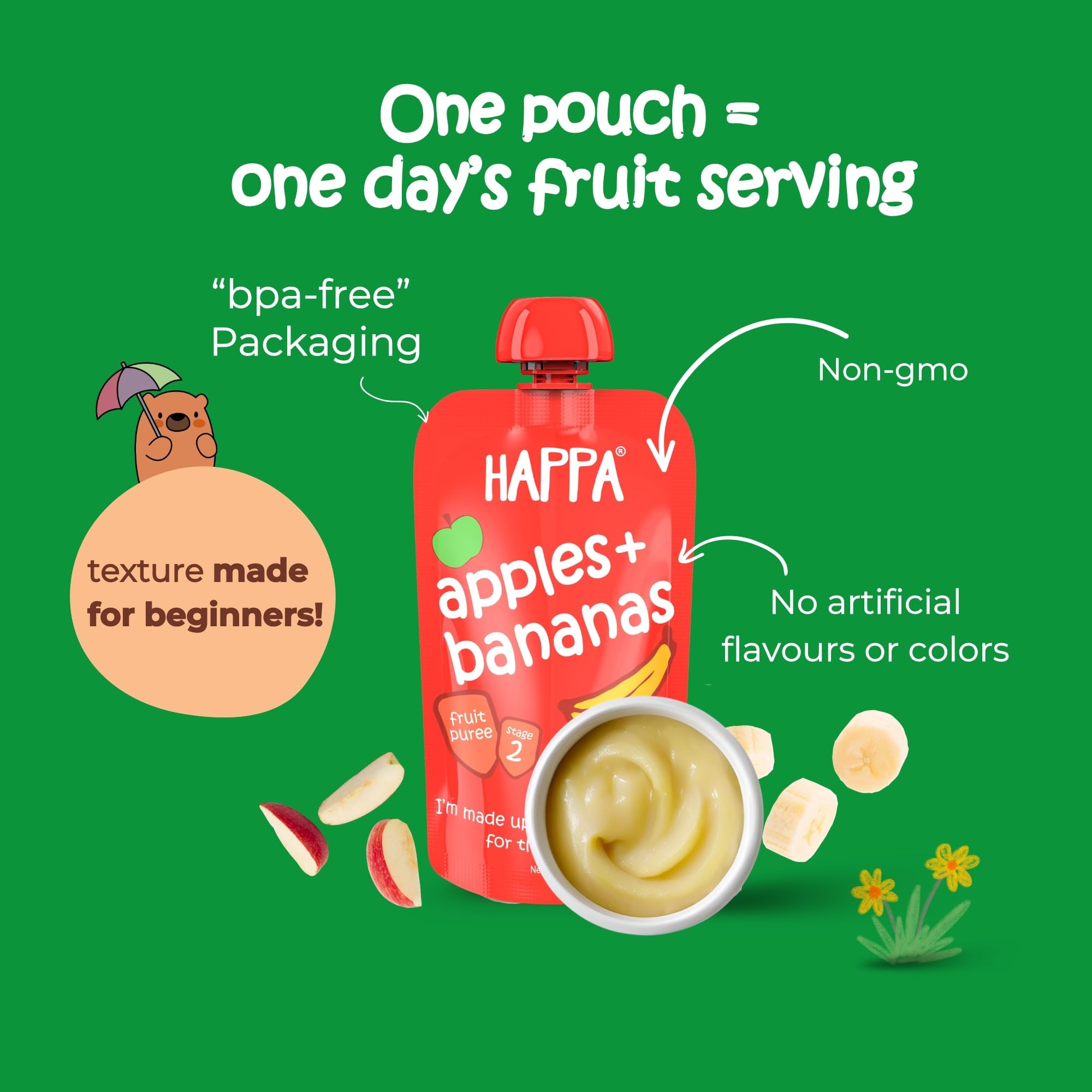 Happa Organic Baby Food Apple and Banana Puree | 100% Fruits | No Added Sugar, No Milk Powder, No Preservatives | Stage 2 (6 Months+) | Ready to Eat | Free from Common Allergens | Pack of 1 (100g Each) 2