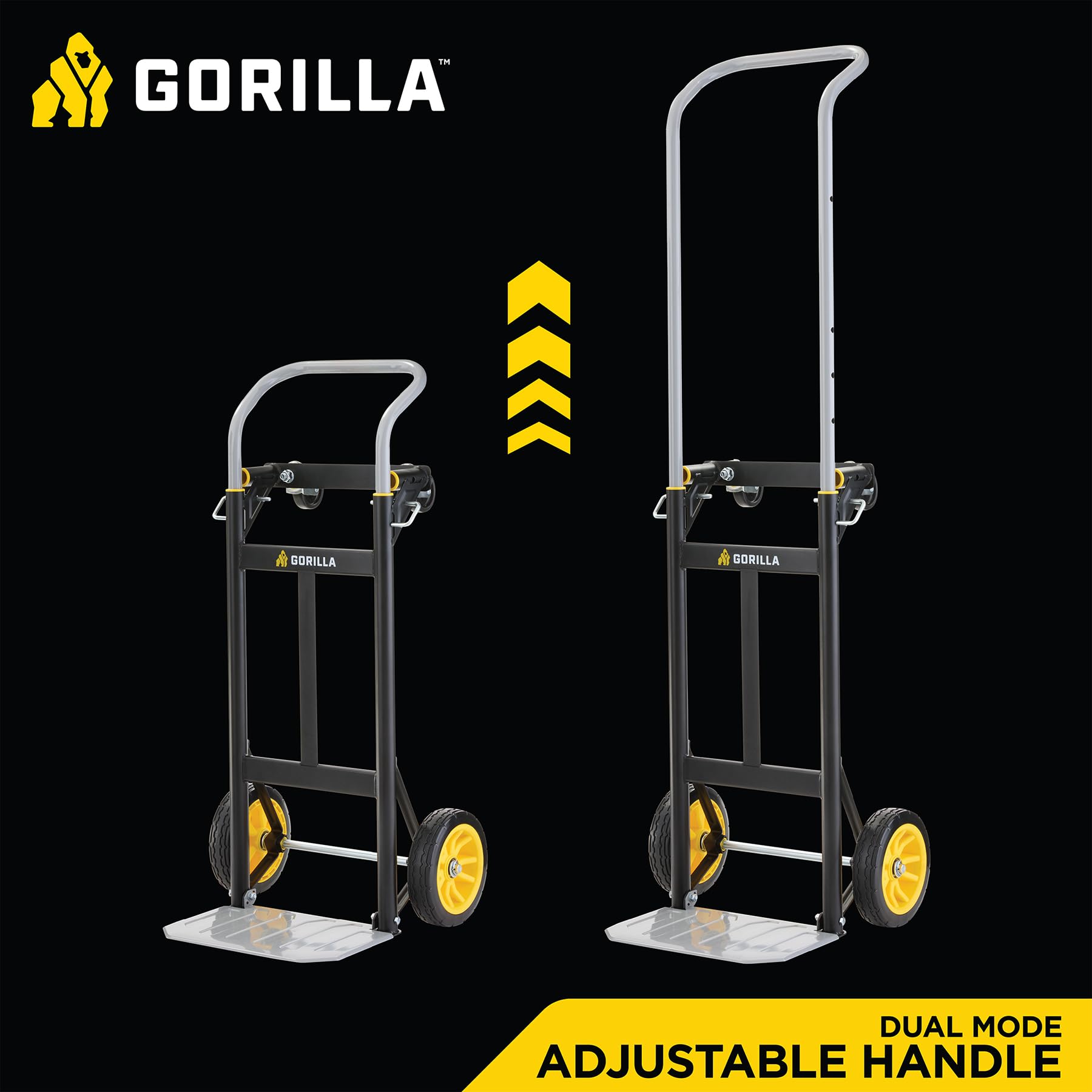 Gorilla - Carretilla de Mano de Acero Convertible de 400 Libras, conversión Simple de Plataforma Plana; Mango telescópico de Agarre Ancho, neumáticos sin Planos