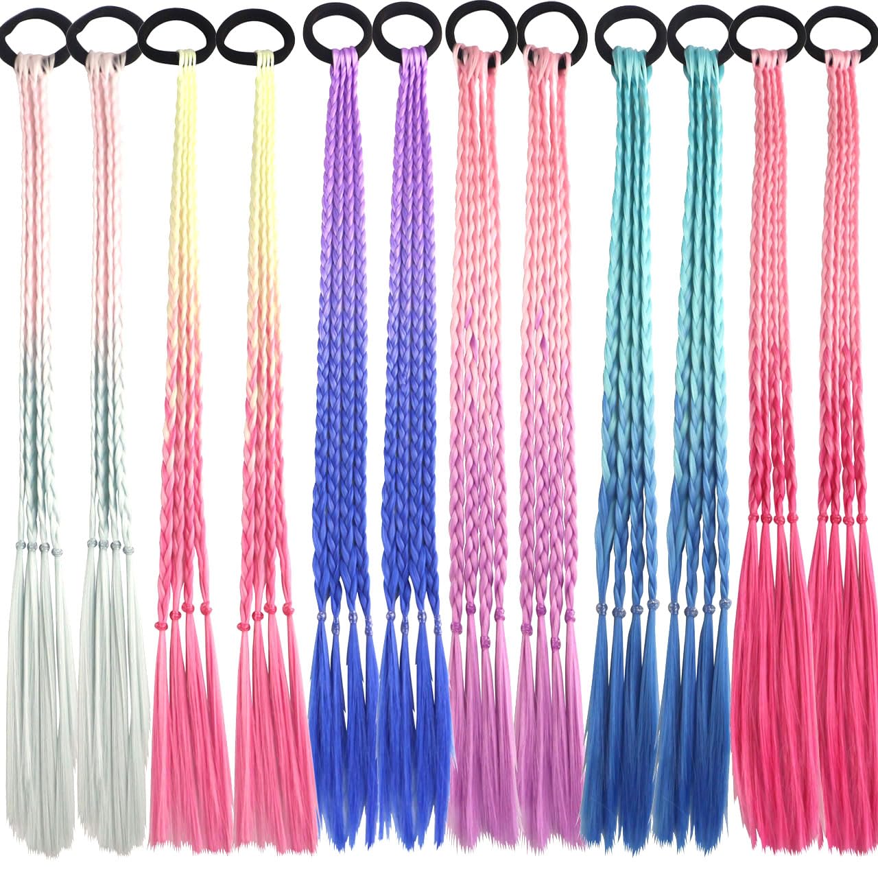 Extensiones de cabello trenzadas de colores con bandas de goma, trenzadas de arco iris, accesorios para el cabello para mujeres, niños, niñas, fiestas, cosplay, disfraces (12 unidades, estilo C)