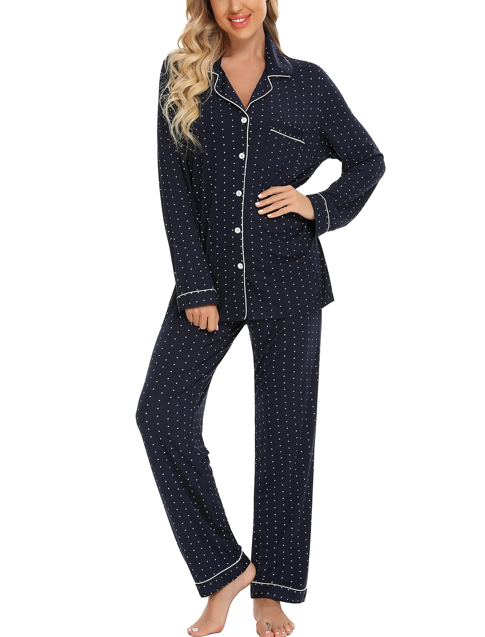 Leikar Womens Button Down Pajama Sets Long Sleeve Shirt And Pajama Pants Soft Pjs Lounge Sets S
