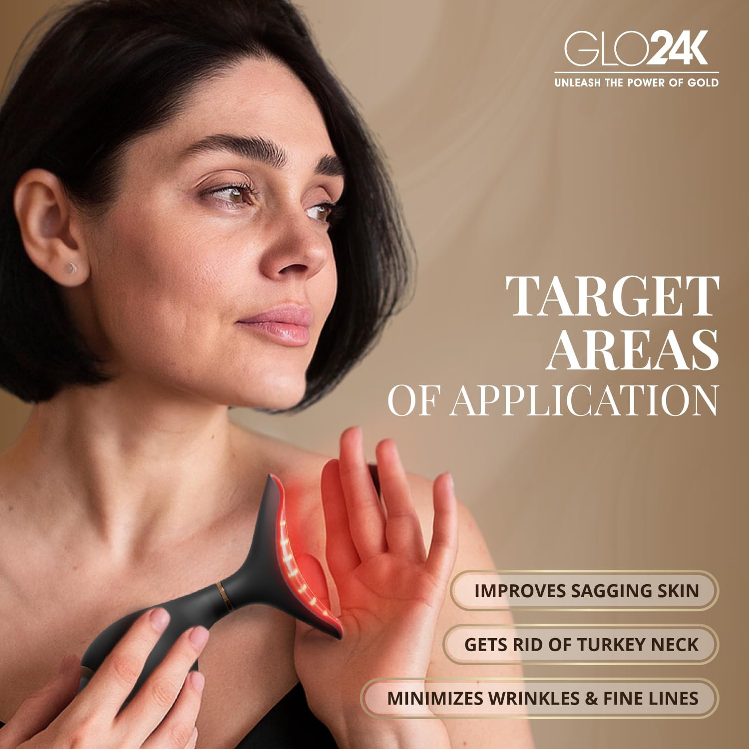 GLO24K - Dispositivo di bellezza per ringiovanimento della pelle per viso e collo. basato su tecnologie a LED a tripla azione, termiche e vibrazioni.