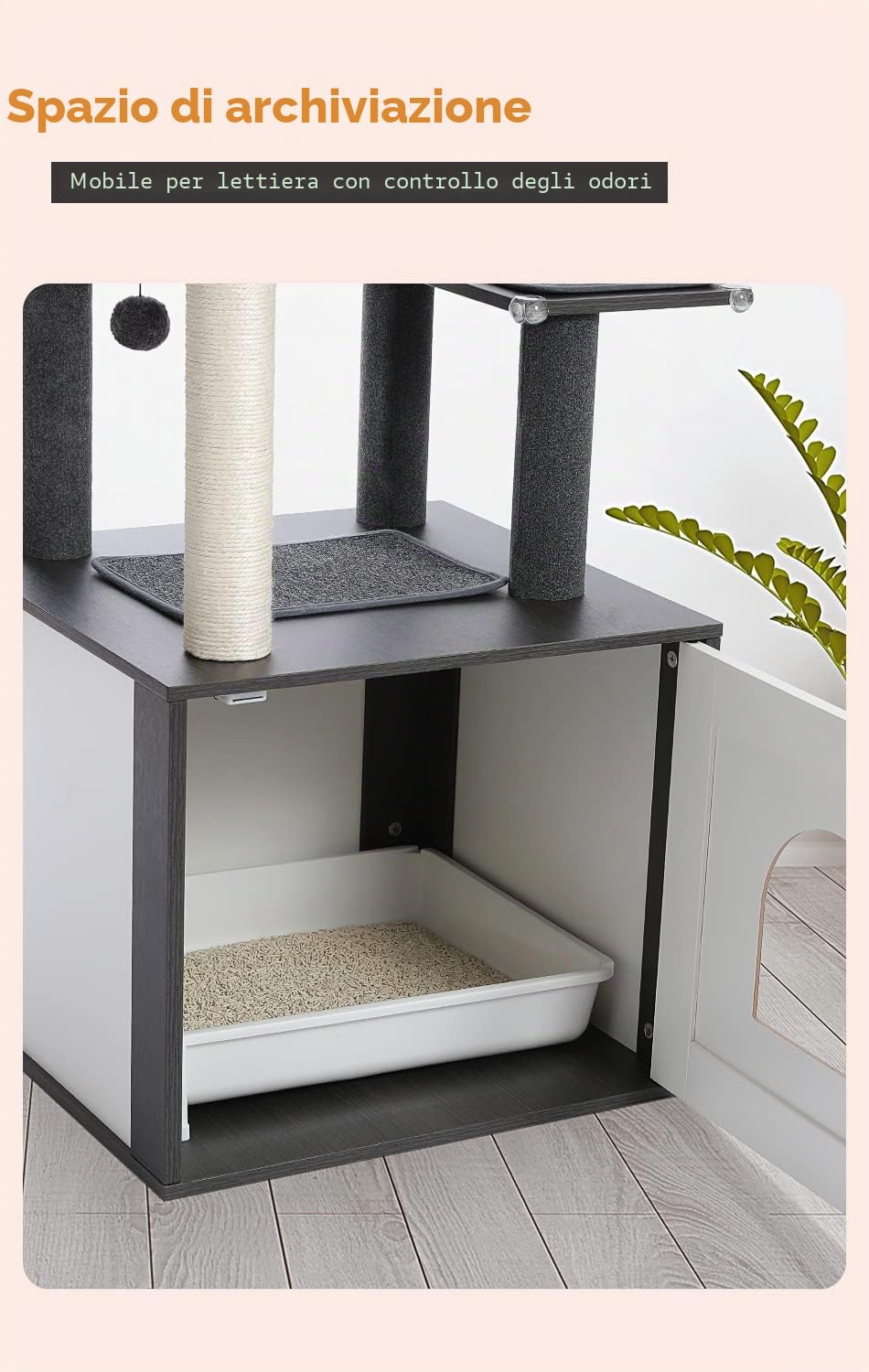 AWZ Road Moderna torre per gatti in legno con armadio per riporre lettiera e ampio condominio per gatti, grande posatoio e amaca, tiragraffi con rivestimento in sisal Black