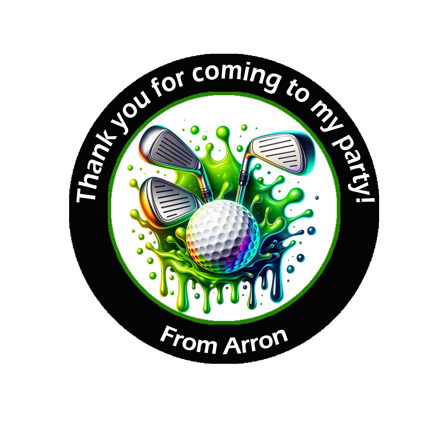 Personalised Golf Party Stickers – 45mm Round Labels for Party Bags, Favours or Sweet Cones – Golf Themed Birthday Decoration - 24 Black Golf Stickers