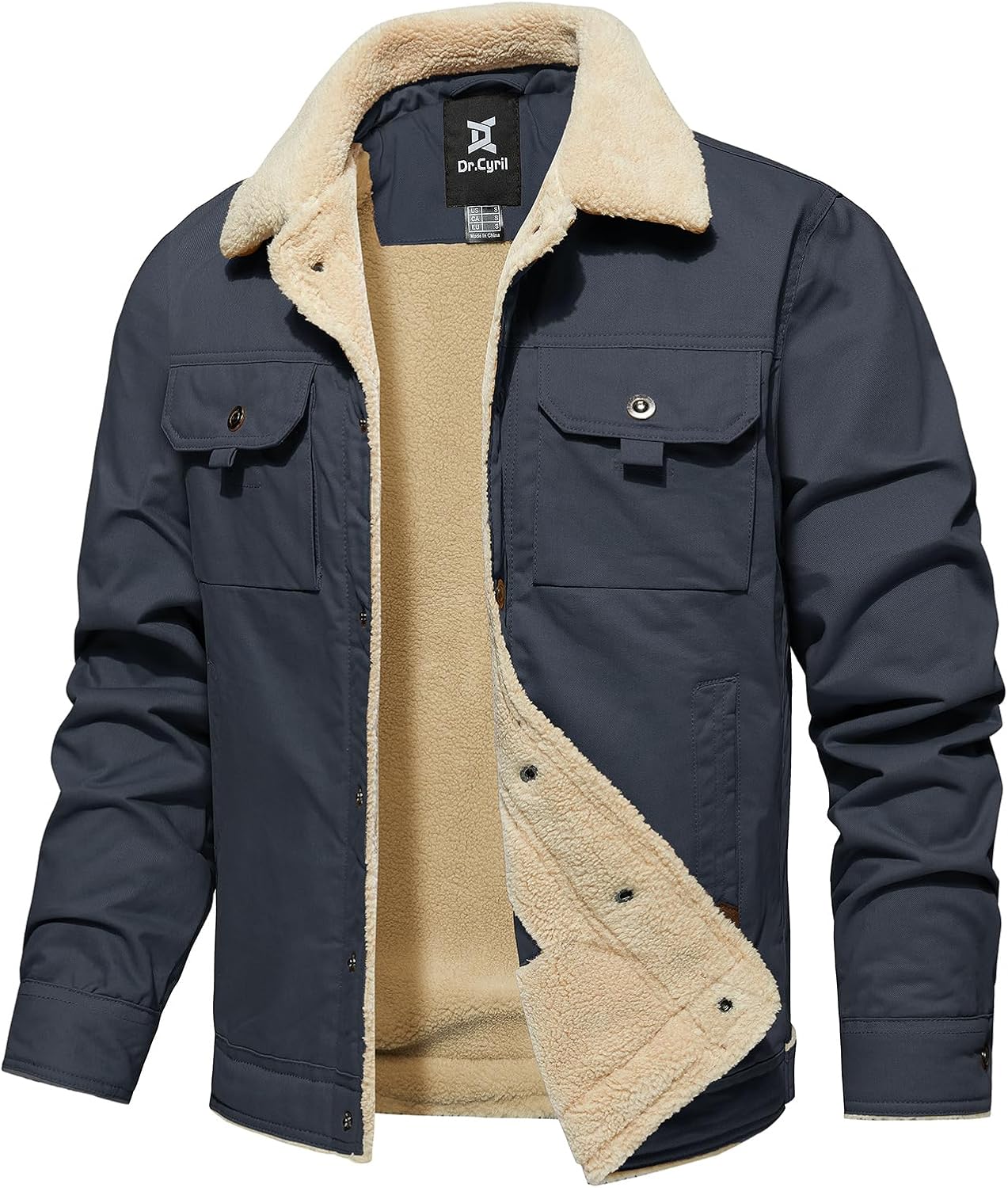 Men's Winter Jacket, Cotton Sherpa Fleece Lined Jacket, Warm Trucker Cargo Coats with Pockets