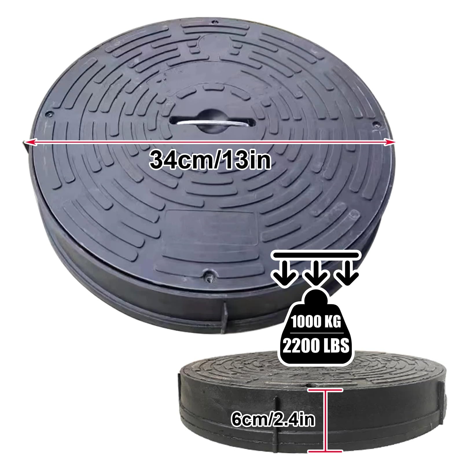 Copertura per scarico rotonda nera, 34 cm / 13in, in plastica resistente, con manico, per giardino, vialetto e marciapiede, accessorio essenziale per soluzioni di drenaggio all'aperto