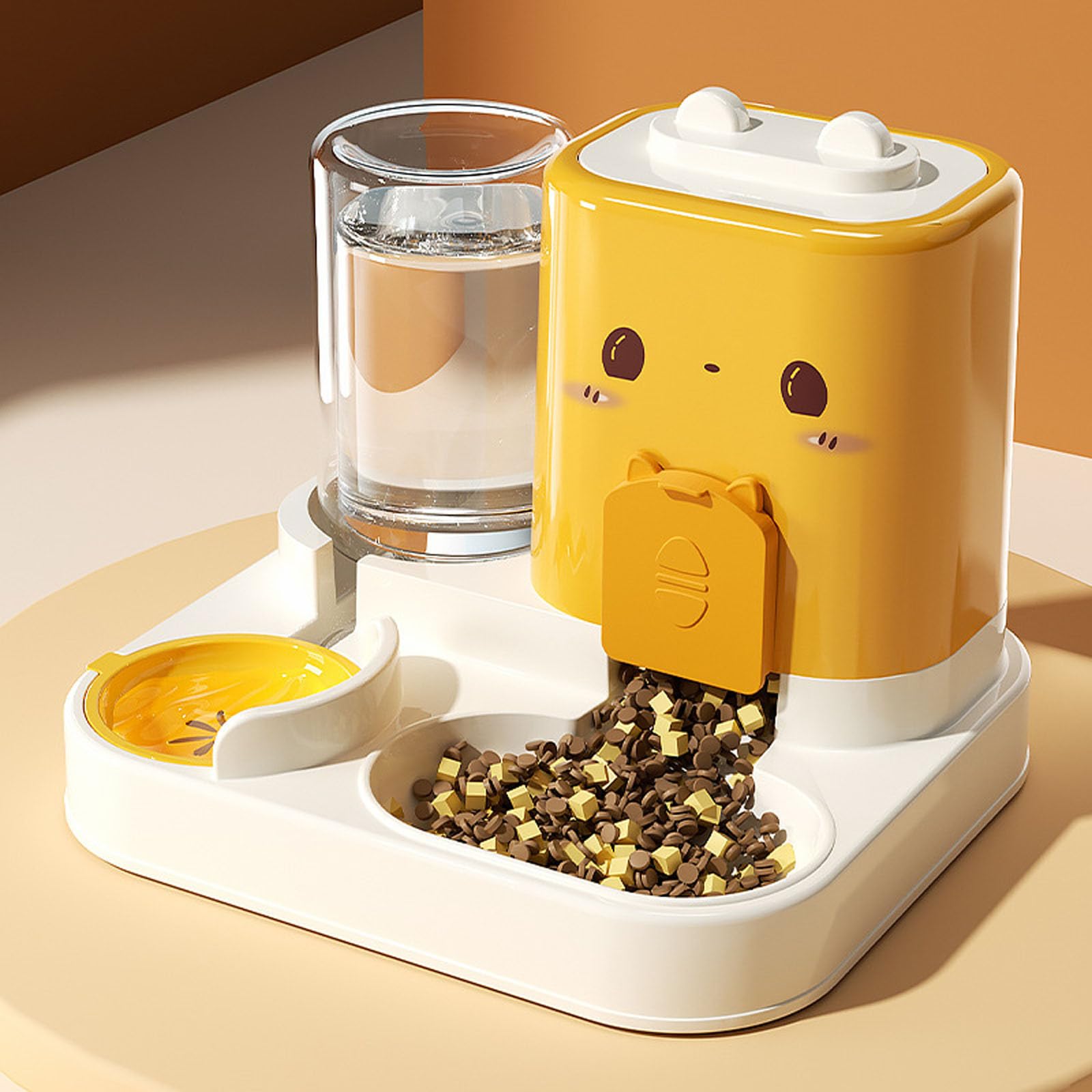 Futterspender Katze Automatisch mit Trinkbrunnen | 2 in 1 Futterautomat & Wasserspender für Katzen | Futter + Transparenter Tank | Süßes Katzengesicht Design in Rosa/Grün/Gelb​ (C)