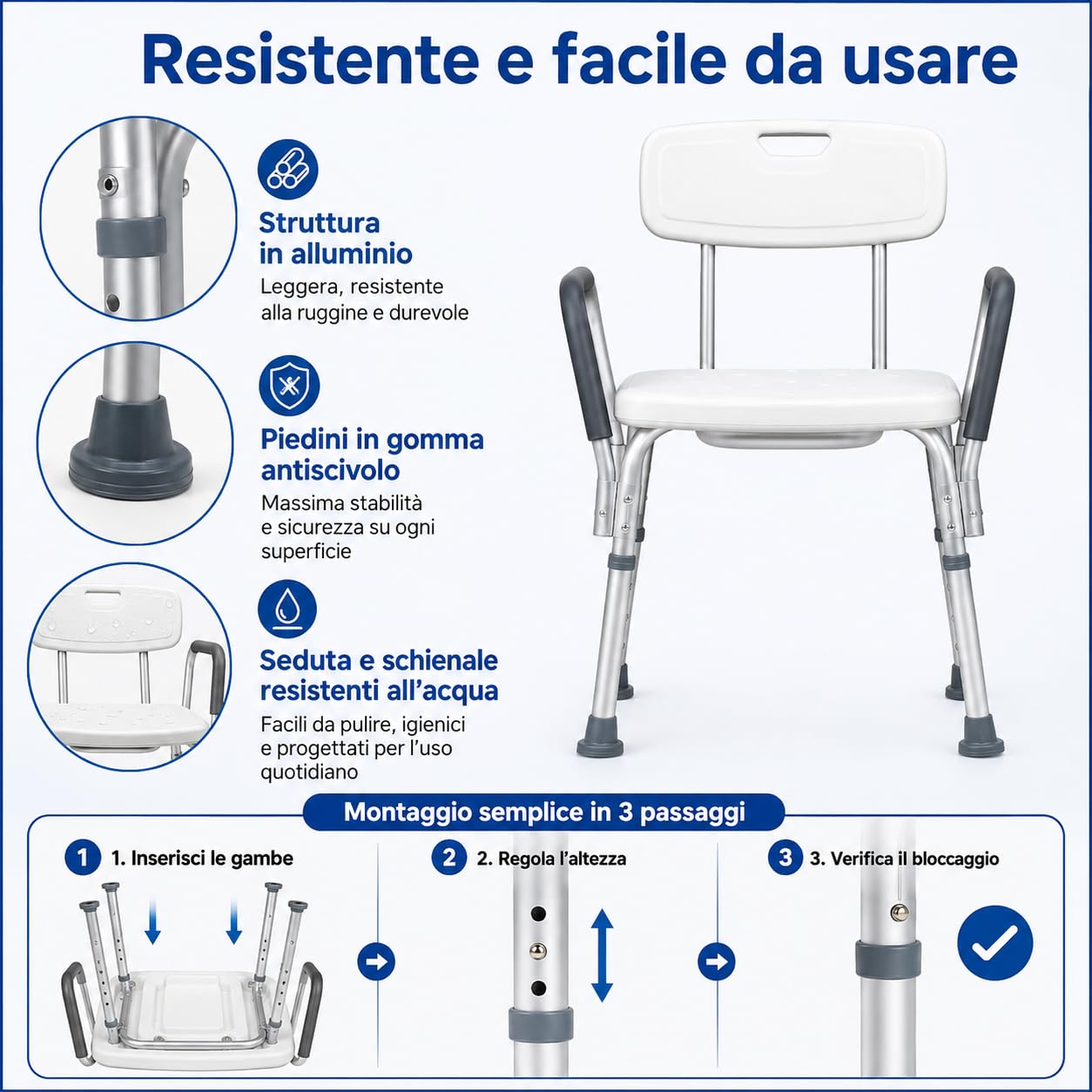 APP LIFE Sedia Doccia Anziani, Regolabile con Schienale e Braccioli | Dispositivo medico di Classe I, regolabile su 5 livelli, con schienale e braccioli