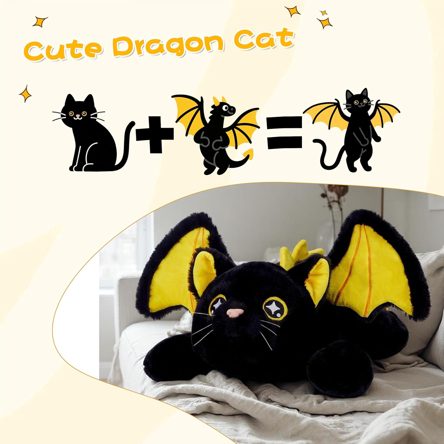 Big Black Cat Stuffed Animal Halloween Plush Toy with Dragon Wings, 25" Large Soft Cuddly Gift for Kids,Boys,Girls,Teens,Adults on Christmas or Valentine's Day