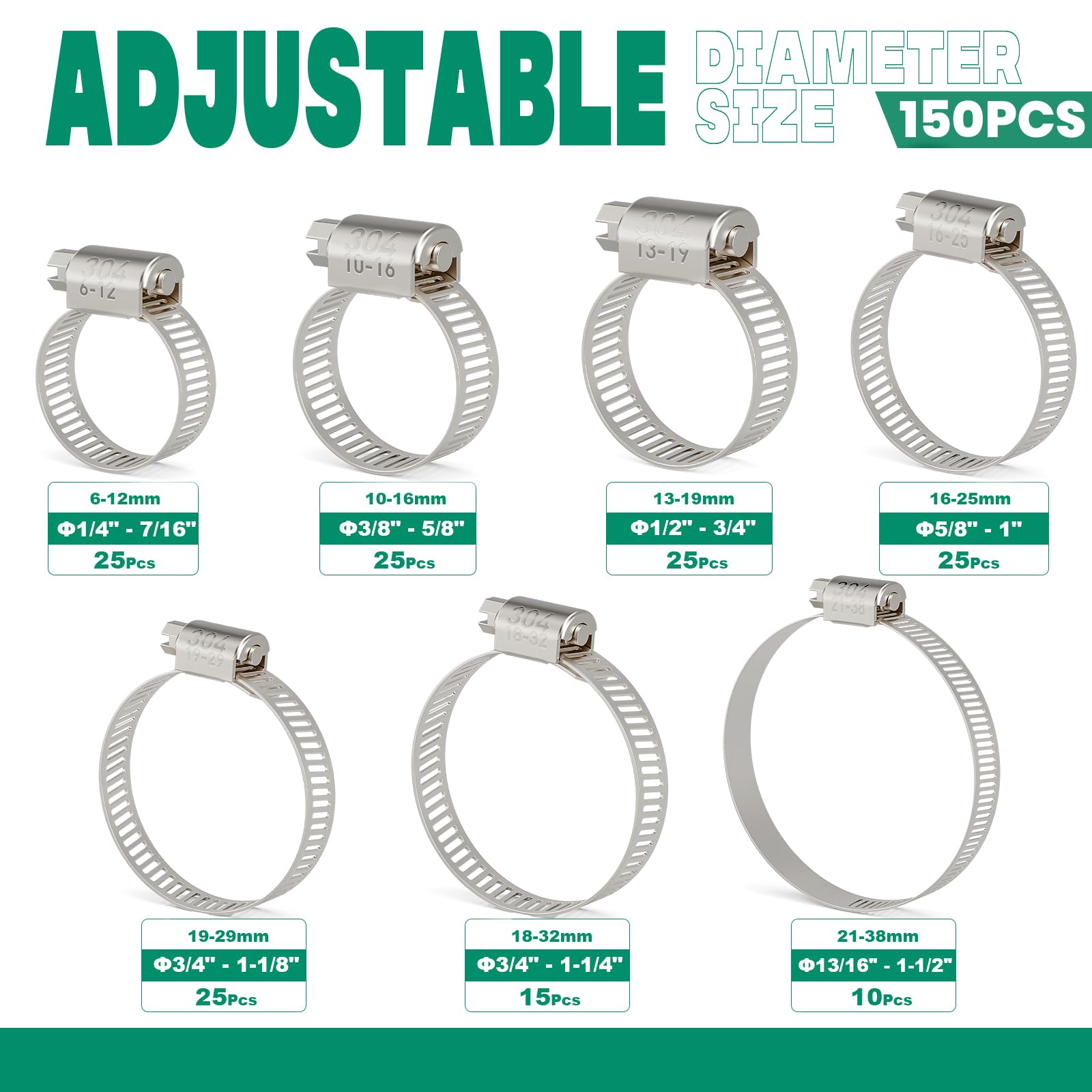 OURU Abrazadera de manguera, 150 abrazaderas de manguera de acero inoxidable, surtido de abrazaderas de manguera ajustables de 6-38 mm, abrazaderas de manguera pequeñas resistentes para automoción,