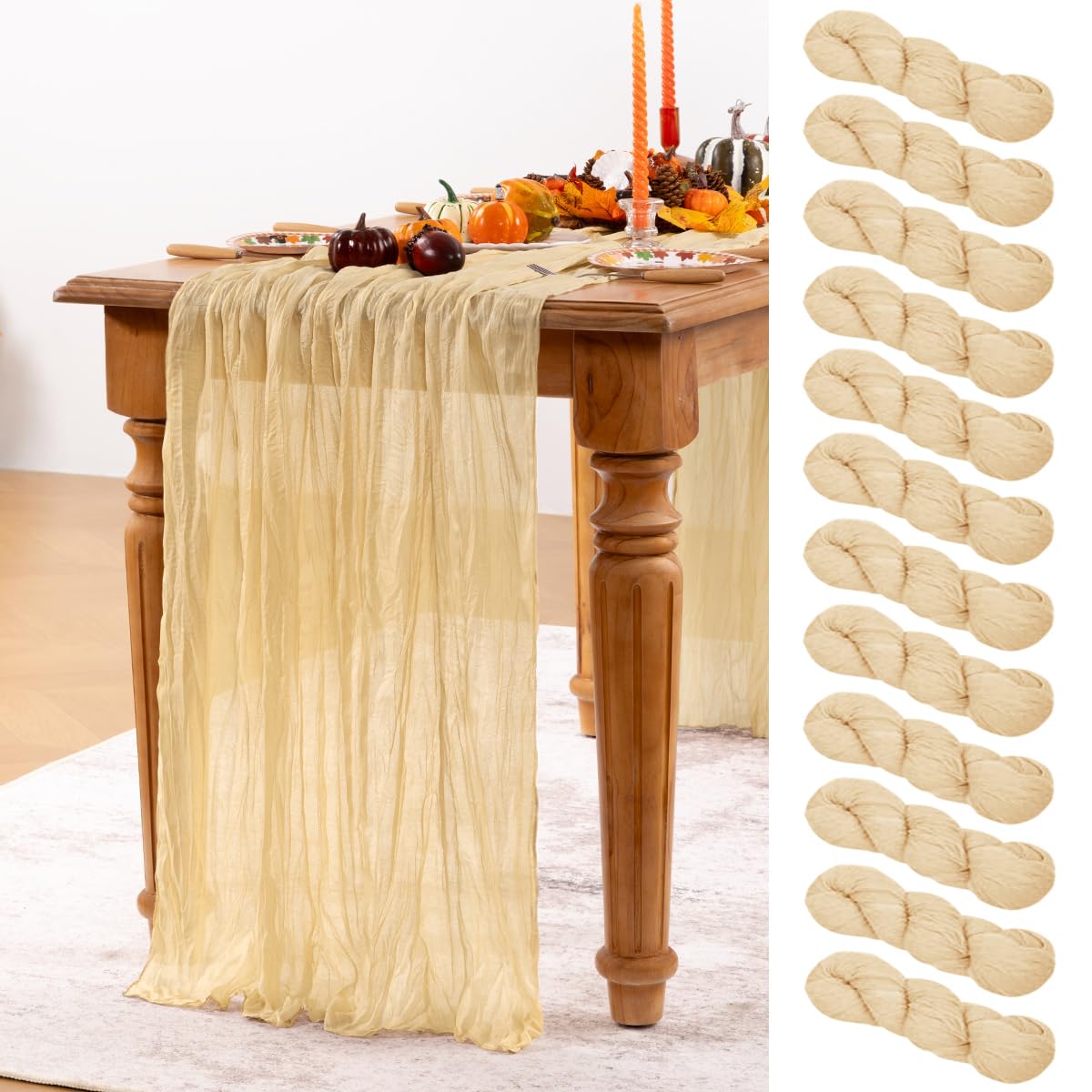 Champagne Gold Cheesecloth Table Runner 12 Pack Christmas Table Runners Boho Gauze 120 Inches Champagne Cheese Cloth Table Decor for Xmas Holiday Season Parties Wedding Bridal Baby Shower