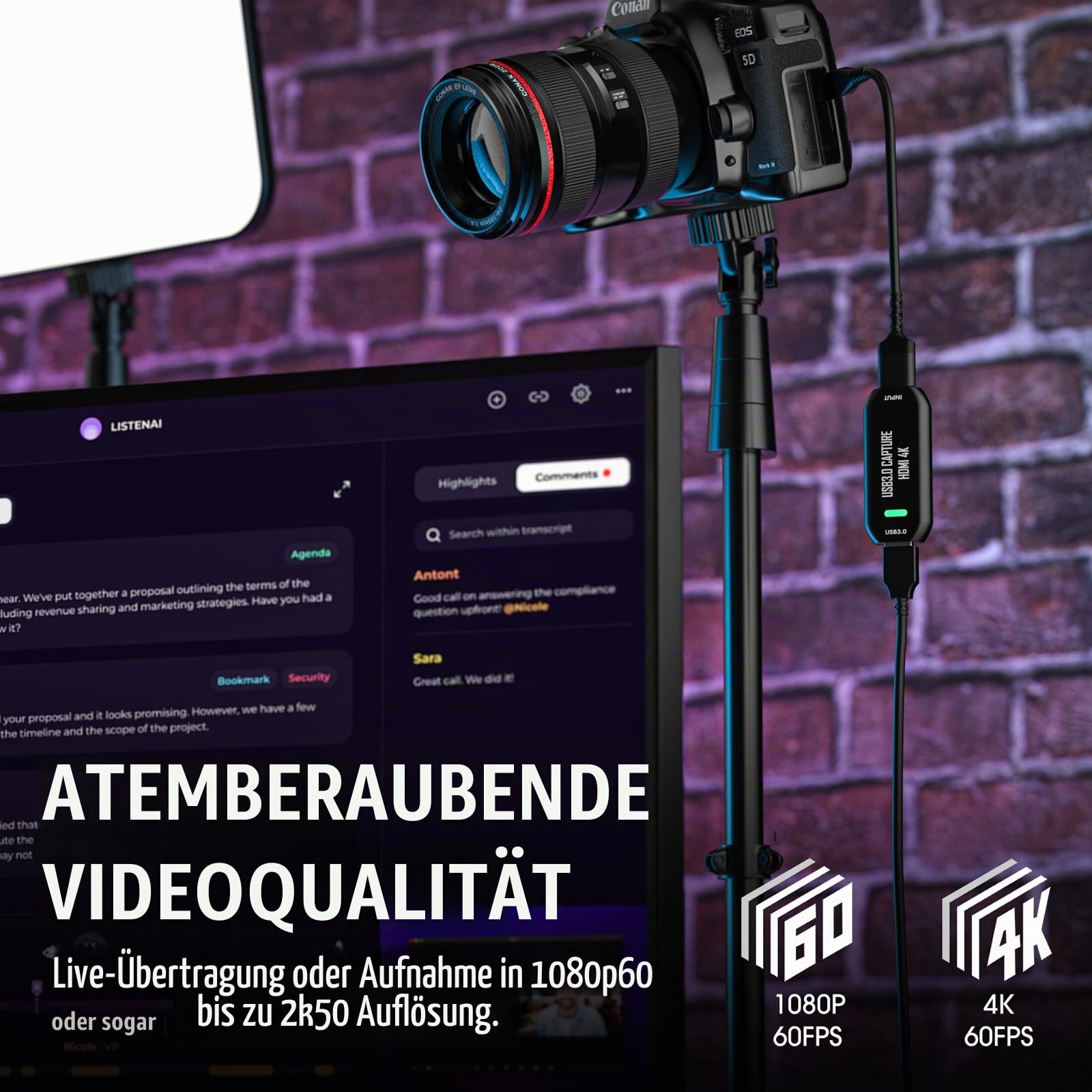 Cam Link 4K, Externe Kamera Capture Card für DSLR, Camcorder, Action Cam als Webcam, Streamen und Aufnehmen in 2K50/1080P 60FPS, HDMI zu USB 3.0 für Streaming auf OBS/Zoom