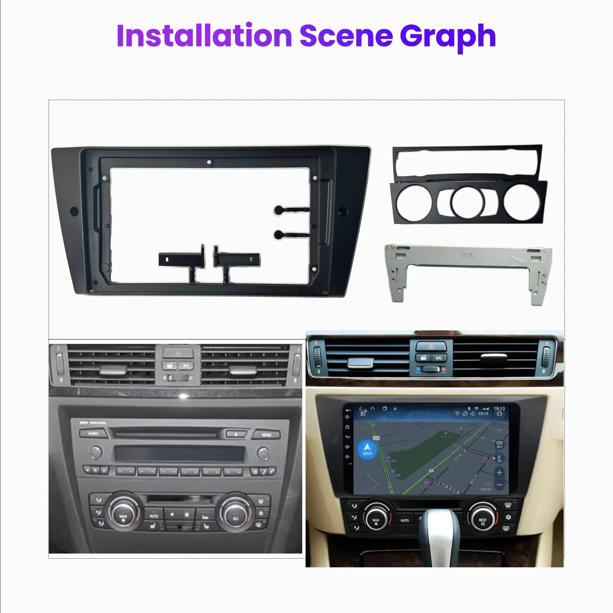 Fascia Marco Radio Coche Marco De Salpicadero para Radio Estéreo Coche 9 Pulgadas, Doble DIN, Kit Tablero, Navegación Android para Serie 3 E90 E91 E92 E93 2004-2012