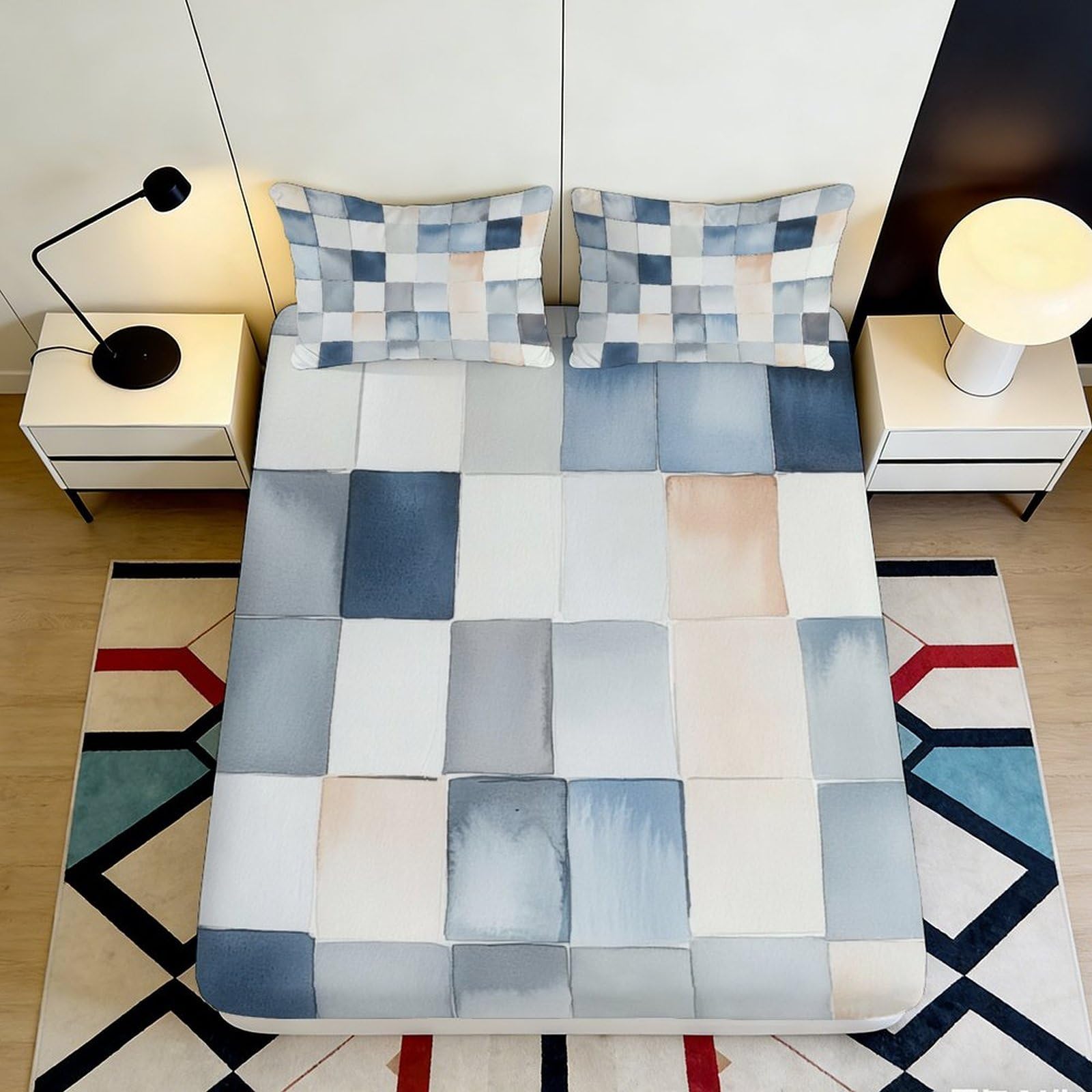 3D Printed Watercolor Patchwork Fitted Sheet Microfiber Soft Breathable Geometric Blocks Bed Cover for Bedroom Dorm Mattress Protection Decor 180x200x25cm