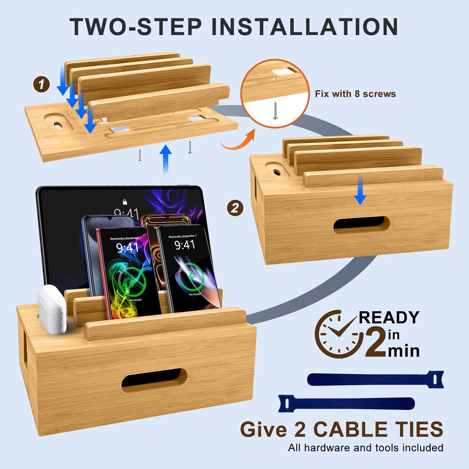 Bamboo Charging Station for Multiple Devices, Cable Management Box for Power Strip, USB Charger & USB Charging Hub/Station, Wood Docking Station Desktop Organizer Bedside Table Organizer