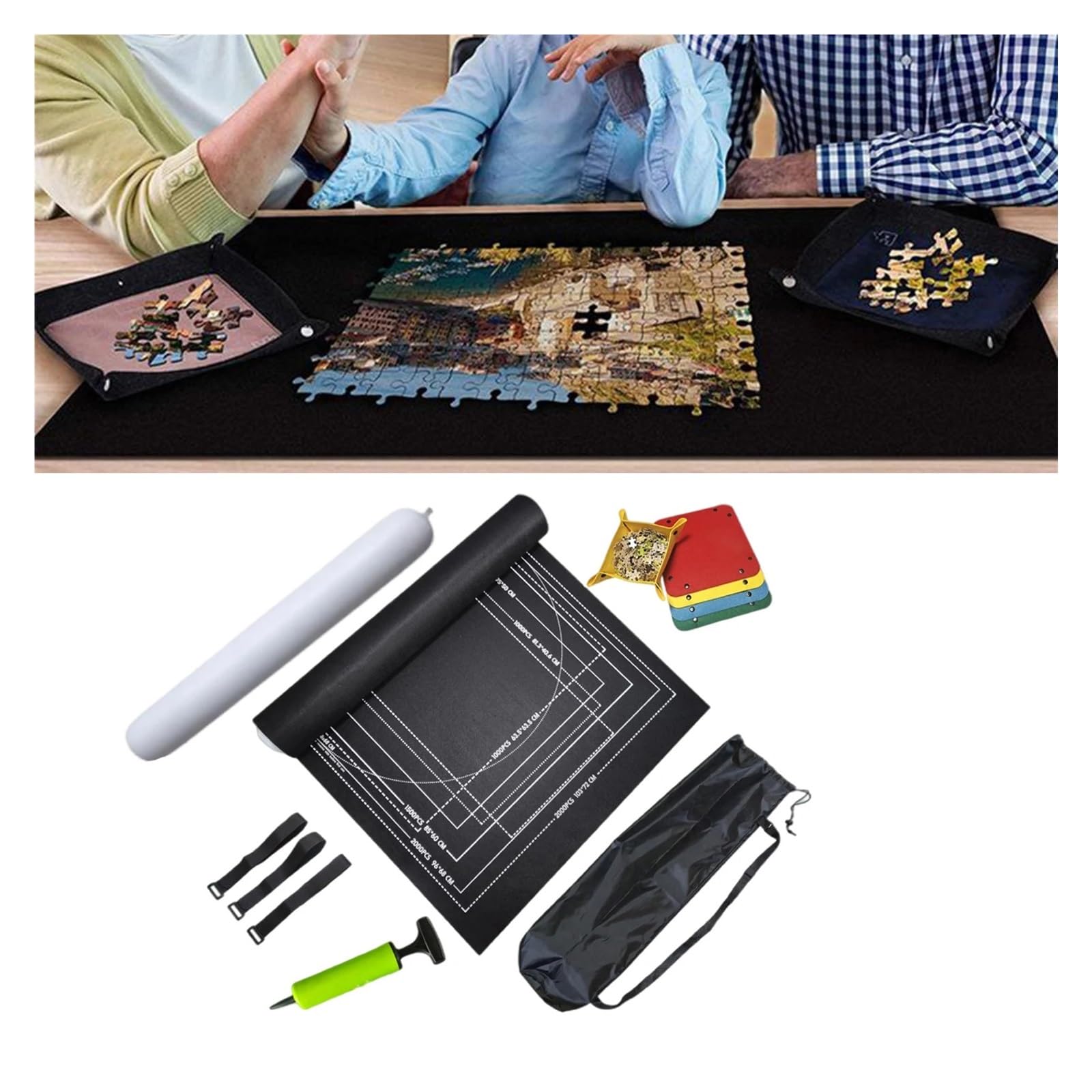 Tappetino for puzzle arrotolabile da 2000 pezzi Roll Your Puzzle - Tappetino portaoggetti portatile con borsa for la raccolta dei pezzi Tubo gonfiabile for gioco su tappetino per puzzle, giochi(Black)