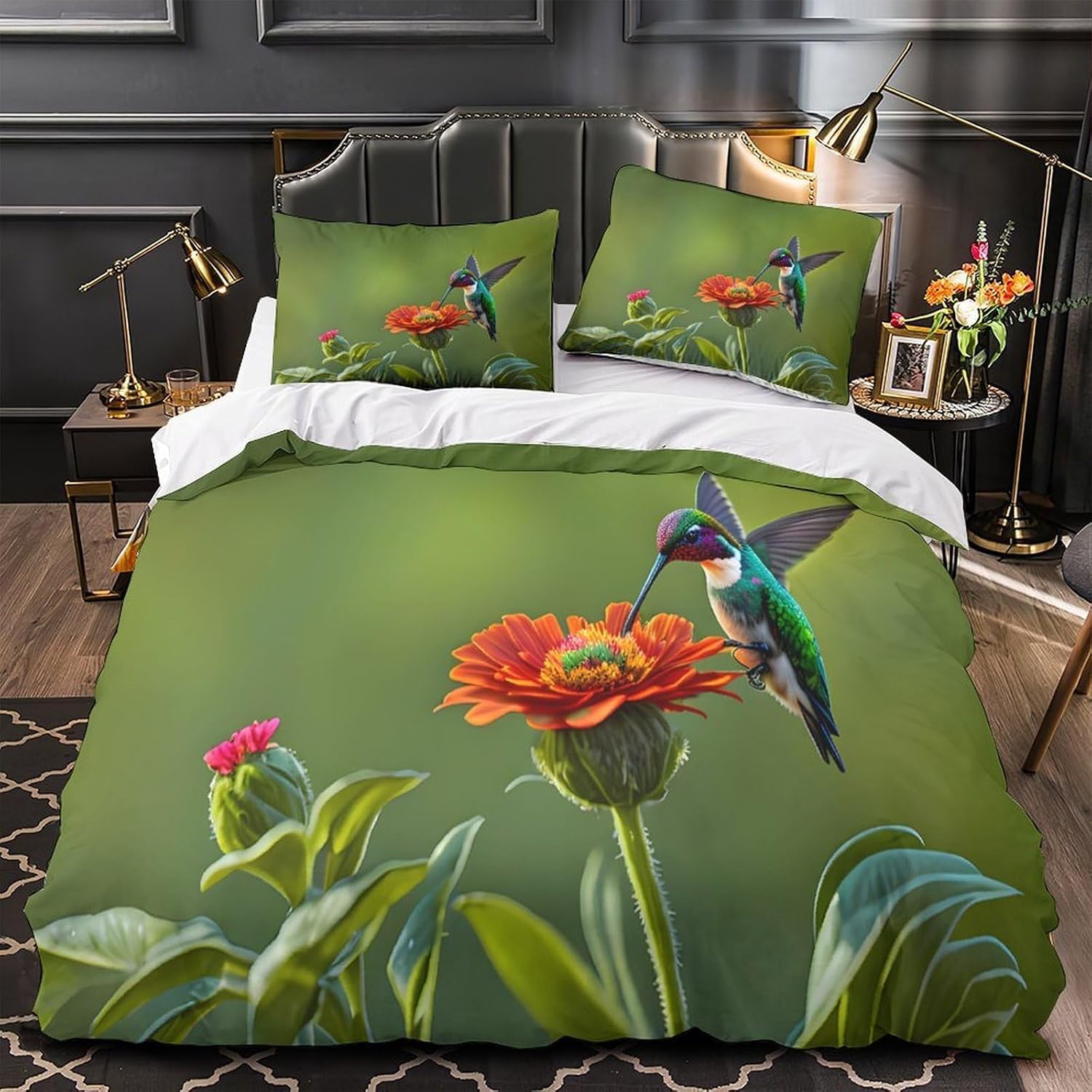 Funda Nordica Cama 180 Colibrí Ropa de Cama 3D Motivos Botánicos 3 Piezas Suave Transpirable Microfibra Funda Nórdica 260x240 cm y 2 Fundas de Almohada 50x75 cm C.2634