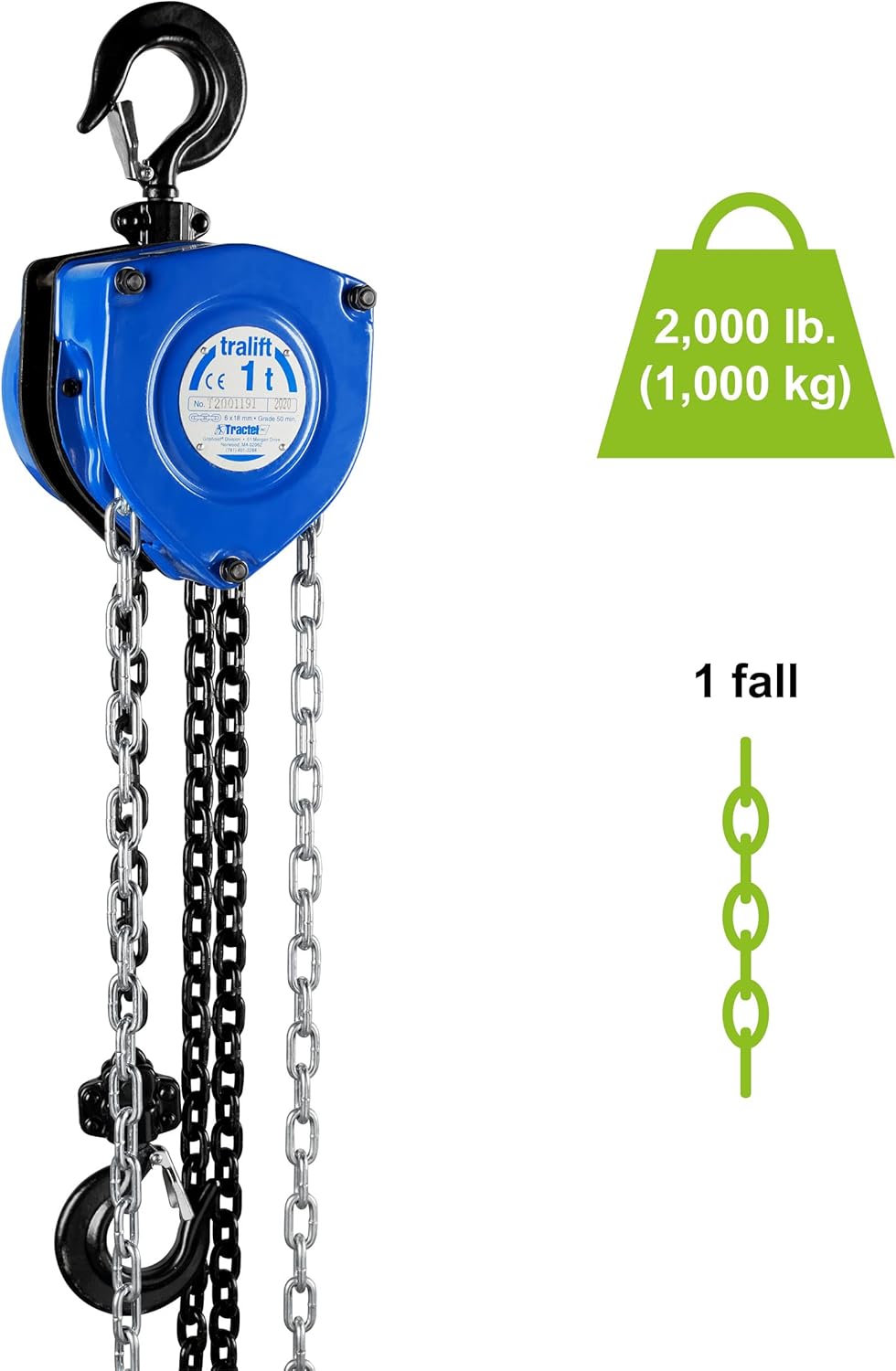 Tractel Manual Chain Hoist | 1 Ton - 2000 lbs Capacity | 20 ft Steel Chain | Industrial-Grade Steel for Construction, Workshops, Garages | Tralift 19721