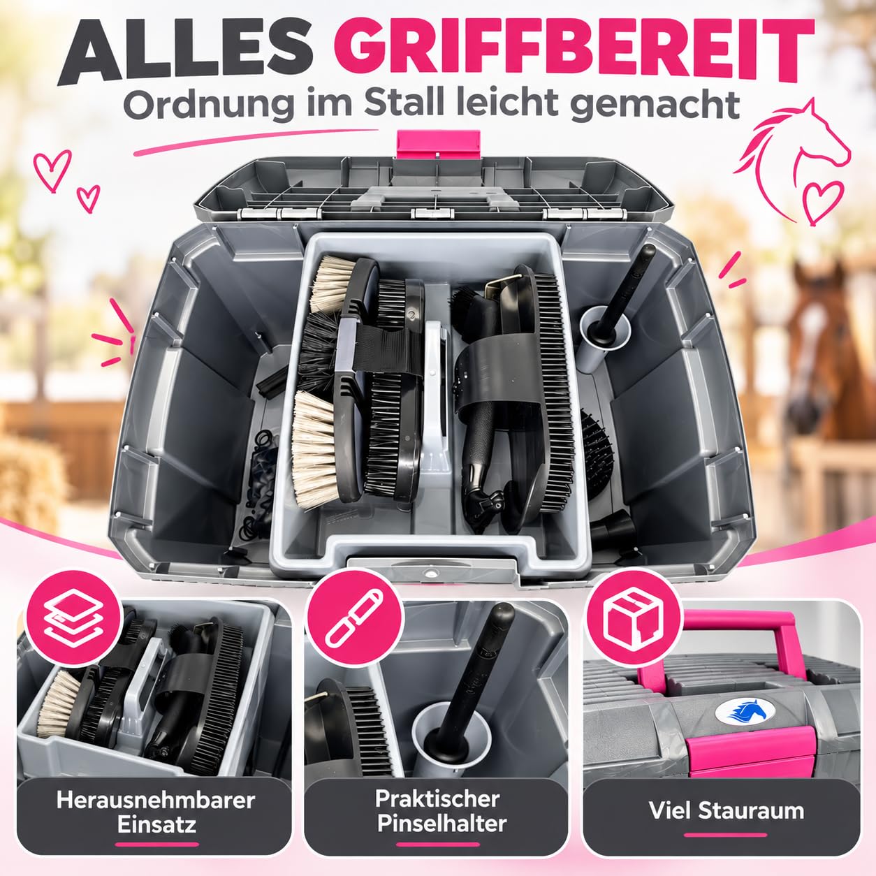 Putzbox für Pferde | 9-teiliges Komplettset | Grau