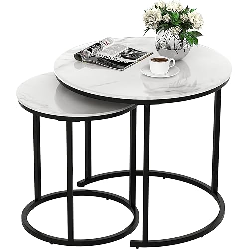 IDEALHOUSE Round Coffee Table Set of 2, Modern Accent Marble Texture Coffee Tables for Living Room, Nesting Table for Reception Room and Office Room (Black)