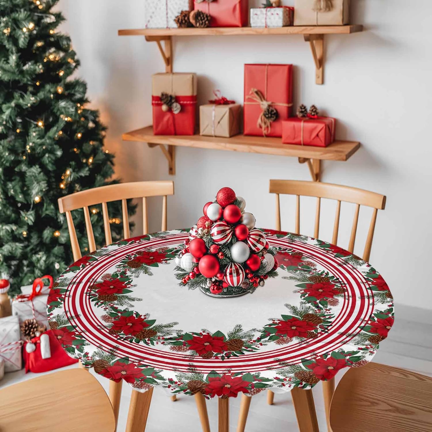 Chucoco Christmas Day Round Fitted Table Cover for Dining Tables,Elastic Edged Tablecloth Red Poinsettia Flower Berries Wreath Waterproof Oil Proof Tables Cover Cloths for Kitchen Dinner Party Event