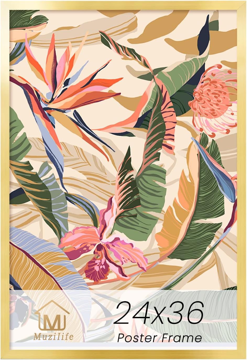 Muzilife 24×36\" Large Poster Frame 1 Pack, Engineered Wood Movie Poster Picture Frames with HD Plexiglass Cover and Hanging Hardware for Horizontal or Vertical, Color natural  1pcs 24x36\"