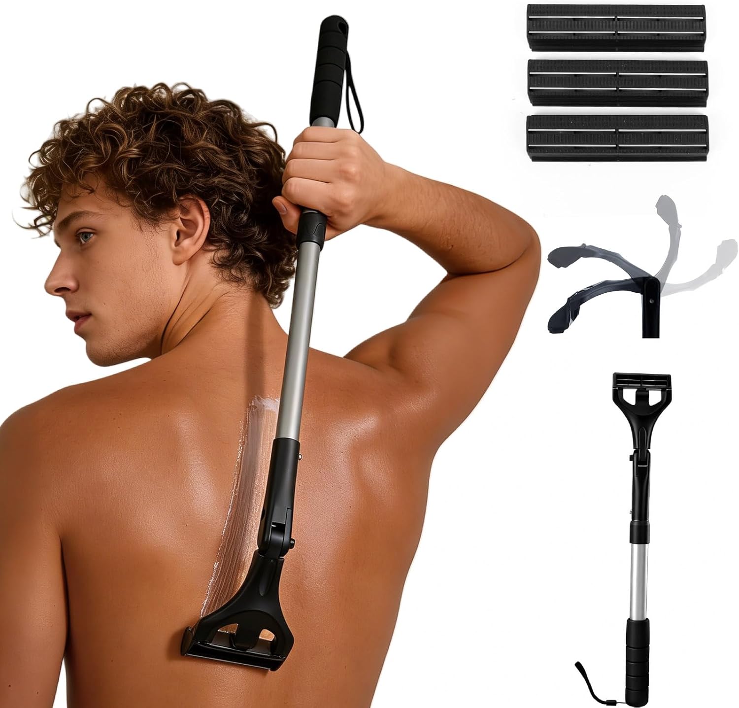 Retractable Back Shaver for Men:​ 180° Foldable Head Hair Shaver,Double Sharp Blades & Ergonomic Handle, Wet or Dry Back & Body Hair Removal,Silver(3PCS Blades Included)