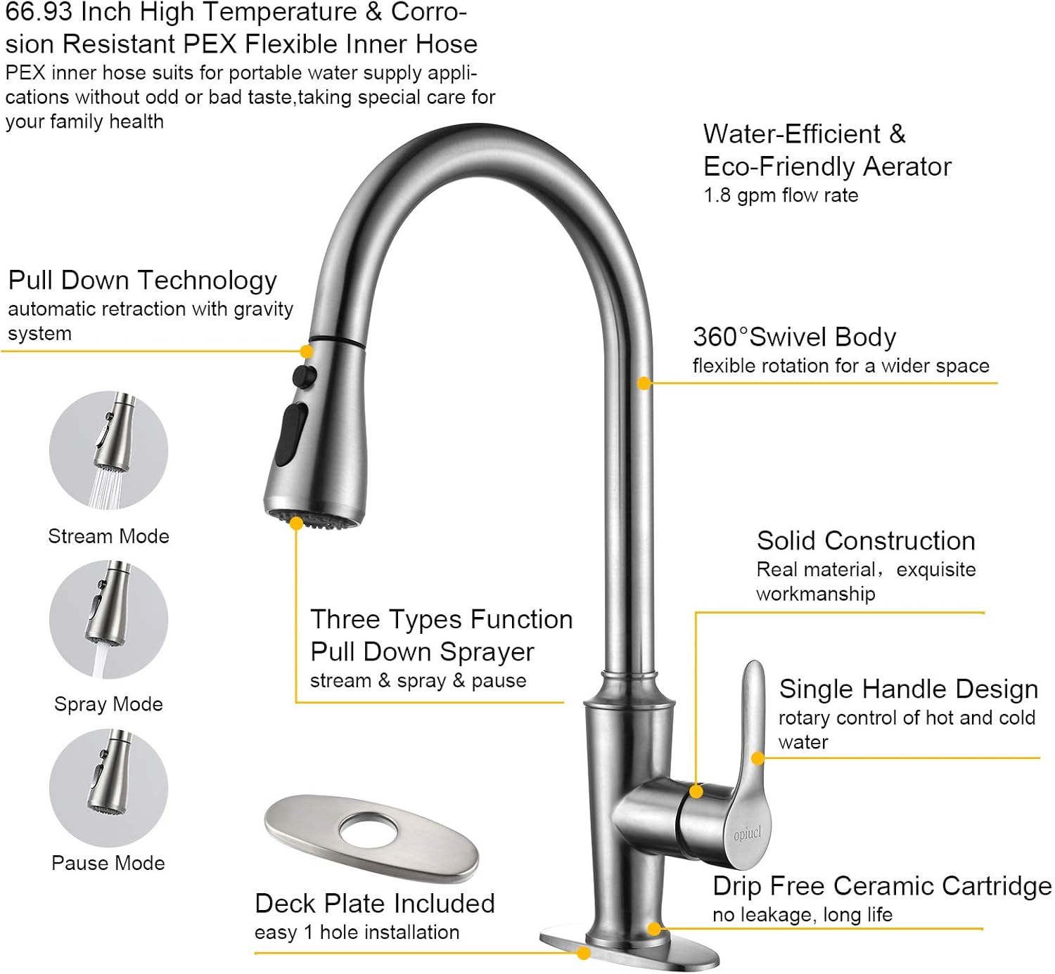 Bеѕt Prоmо Opiucl Kitchen Faucet with 3 Modes Pull Down Sprayer Single Handle High Arc Brushed Nickel Kitchen Sink Faucet with Deck Plate Single Level Stainless Steel Utility Sink Faucets for Laundry