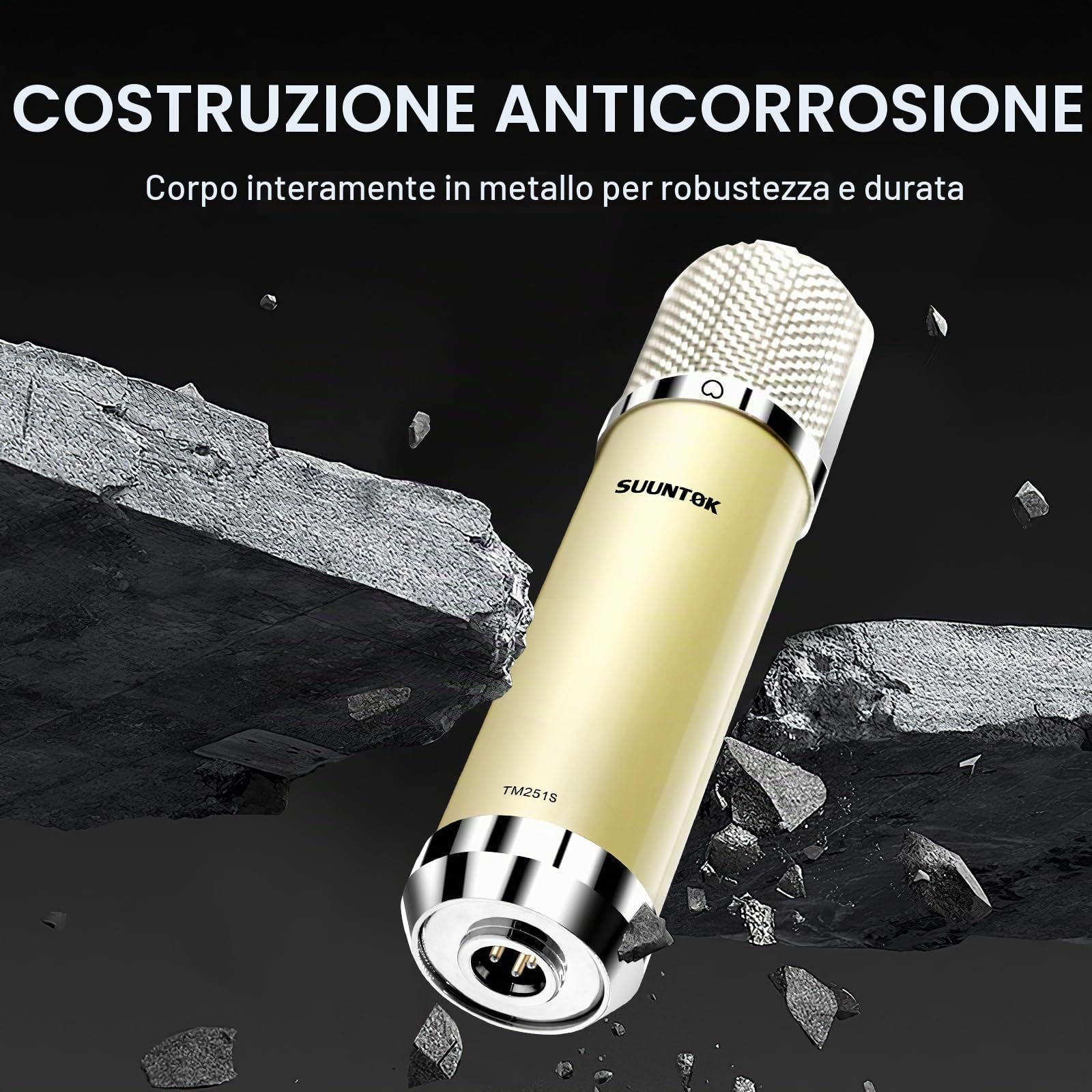 SUUNTOK FET Microfono a condensatore professionale XLR per studio con diaframma grande da 34mm, microfono cardioide per registrazione, per computer, gaming, PC, kit TM251S per canto, podcasting