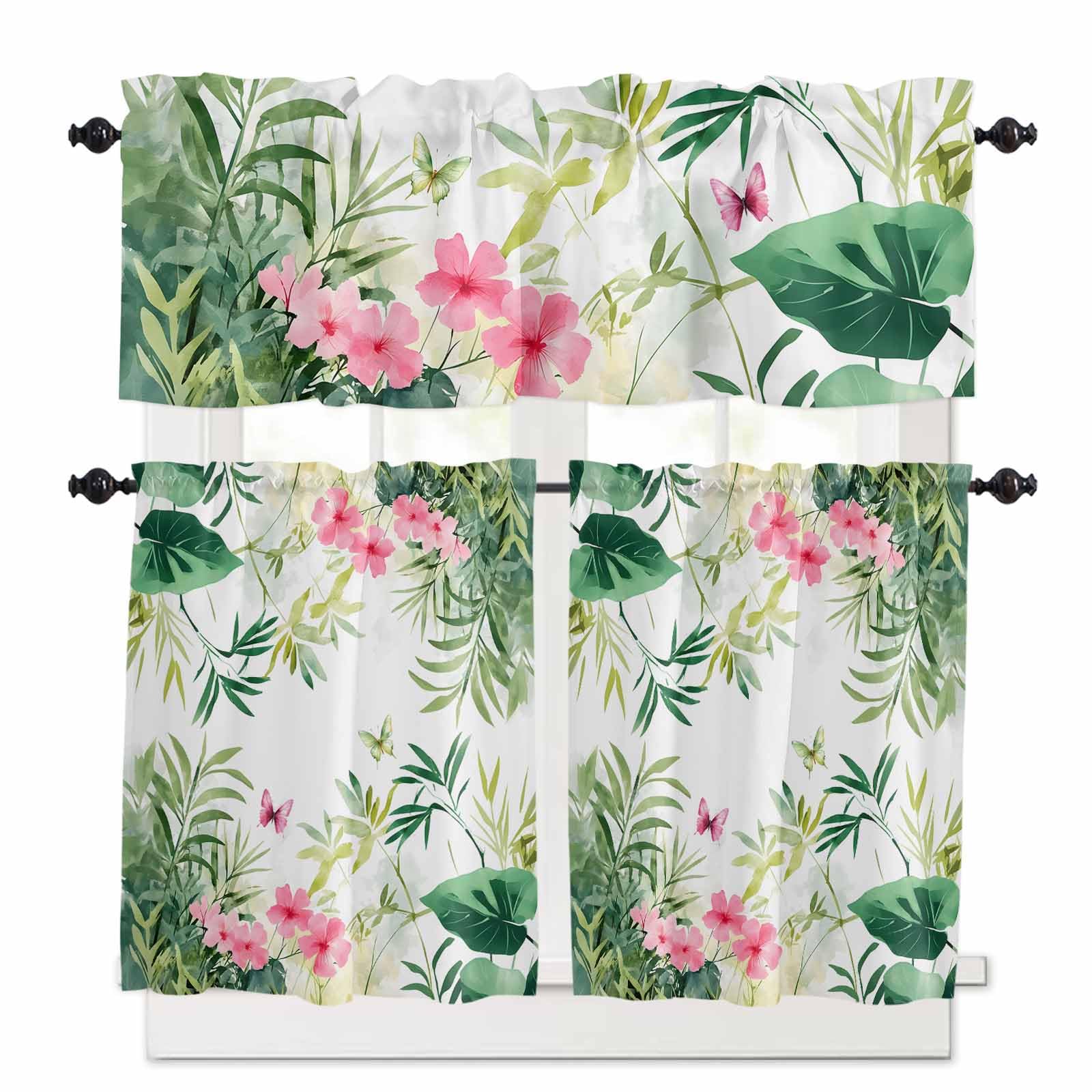Botanical Flowers Kitchen Curtains 36 Inch Length,3 Piece Rod Pocket Small Half Tiers and Valance Set,Summer Tropical Plants Butterfly Leaves Small Large Window Treatment Decor for Bedroom/Bathroom