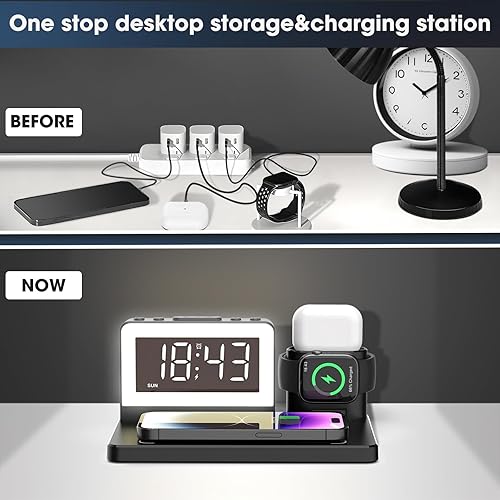 Miniatura 9 de Reloj despertador con carga inalámbrica, luz nocturna de 7 colores, cargador inalámbrico 5 en 1 para Apple, estación de carga inalámbrica rápida