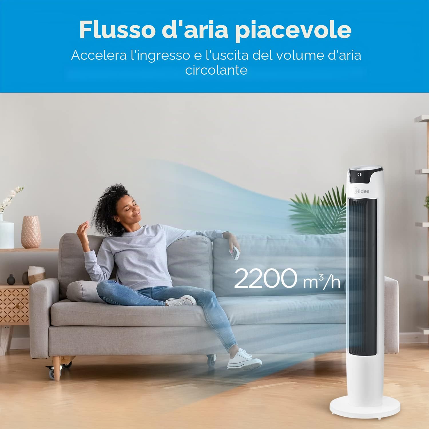 Midea FZ10-16AR Ventilatore a torre con telecomando, 110 cm, con oscillazione 60°, 6 livelli di velocità, 3 ventilazioni, timer 12H, bianco