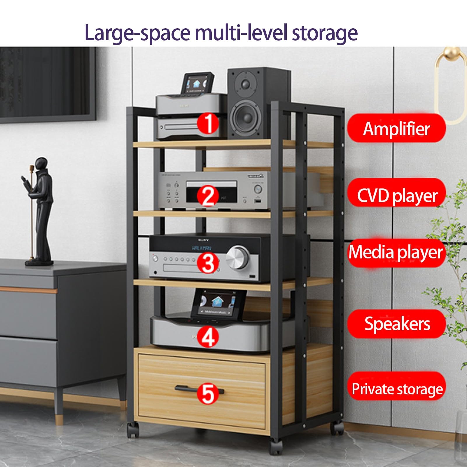 Stojak Multimedialny AV,Wieża Audio z Regulowanymi Półkami,Regulowane Półki | Stojak na Odtwarzacz cd do Salonu Szafka na Komponenty Stereo WieżA Typu Rack Audio z Ruchomym KółKiem(A1,4 layer)