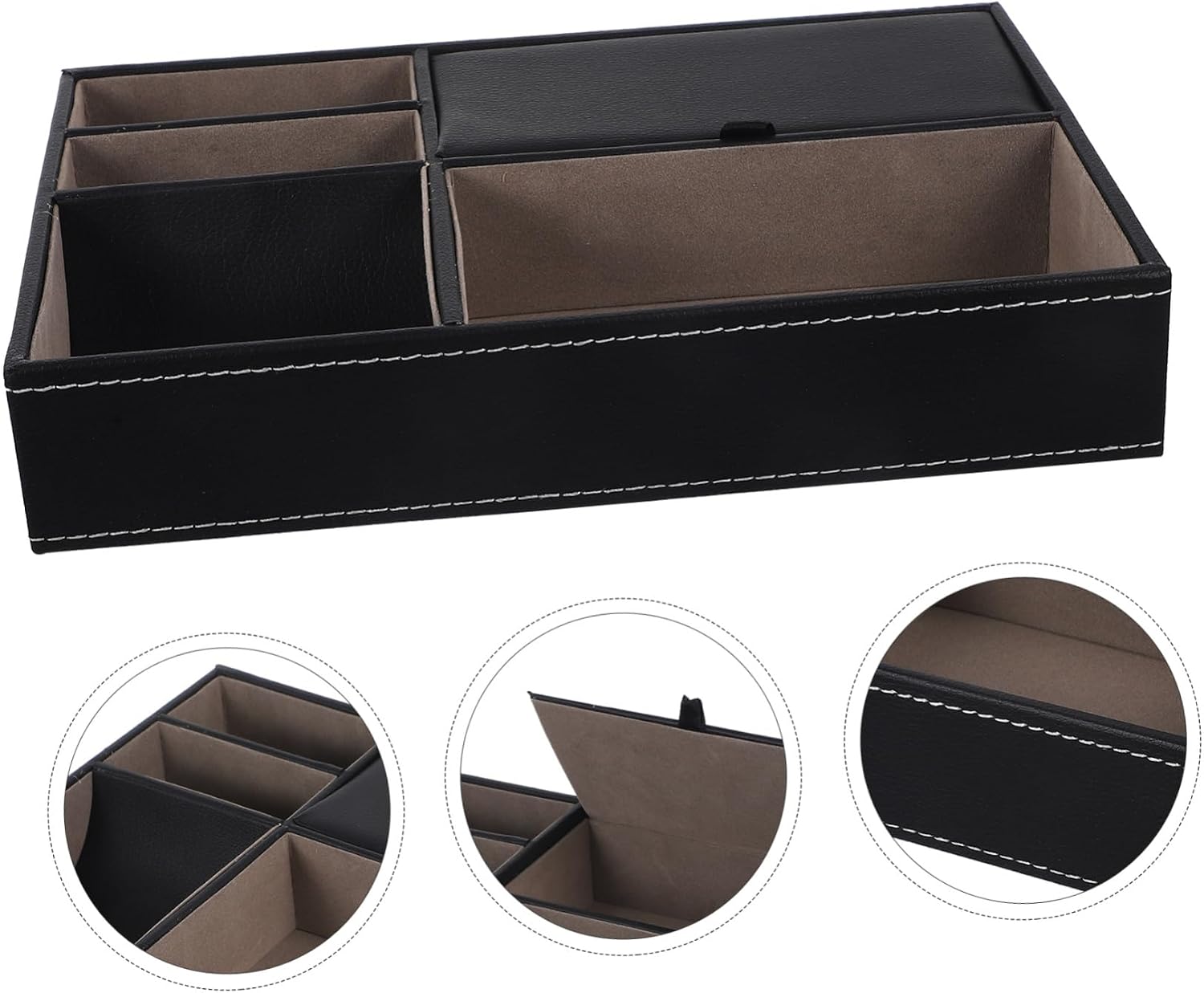 Healifty Retro Style Faux Leather Nightstand Organizer Box for Jewelry Keys Phone Wallet Multi Compartment Storage Tray with Stable Design for Desk and Dresser Top image 4