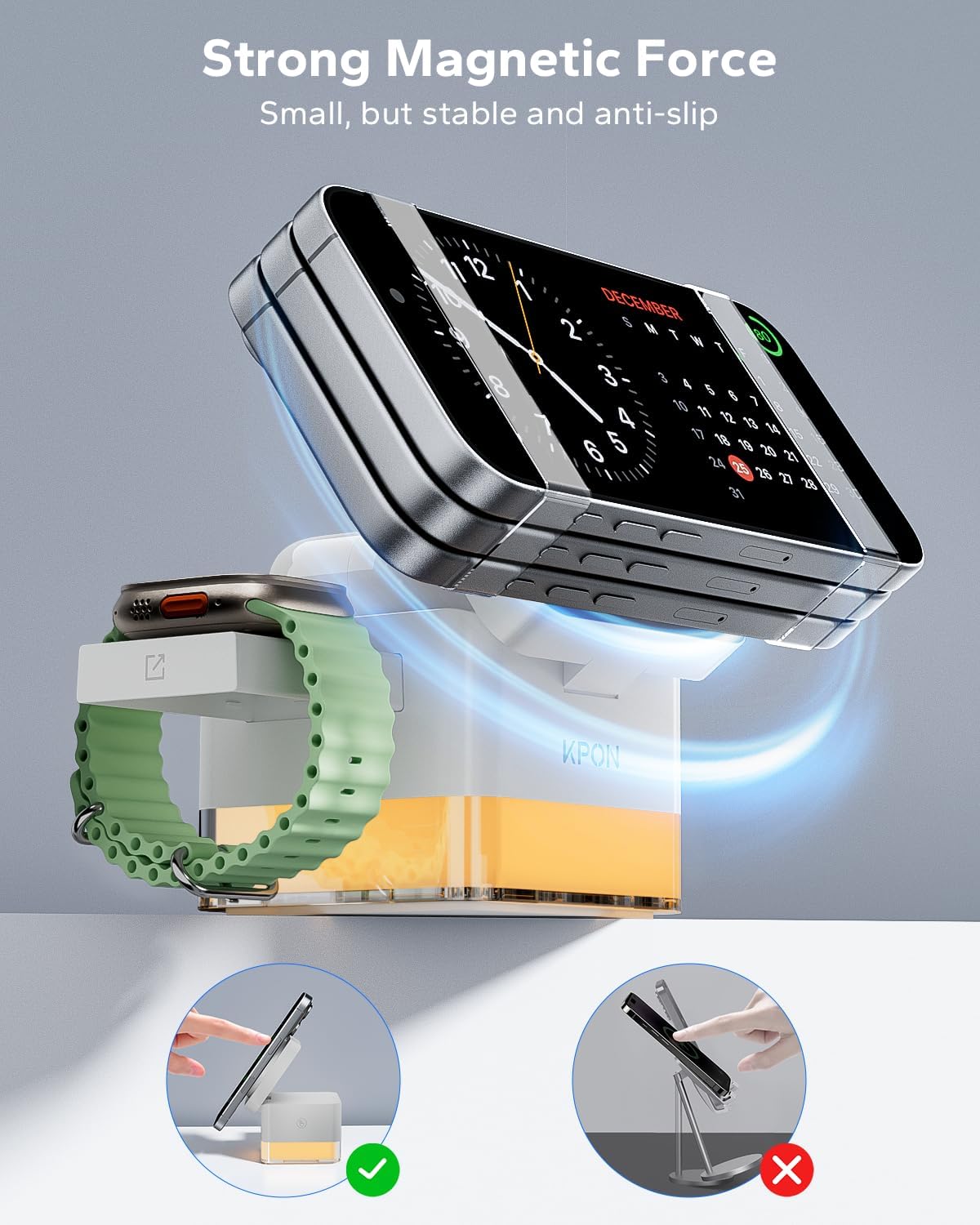 KPON for iPhone Nightstand Charging Station,15W 3 in 1 Wireless Phone Charger Stand with Night Lamp, Travel Foldable Magnetic Cube Magsafe Dock for iPhone 17 16 15 14 13 12 Series/Apple Watch/Airpods