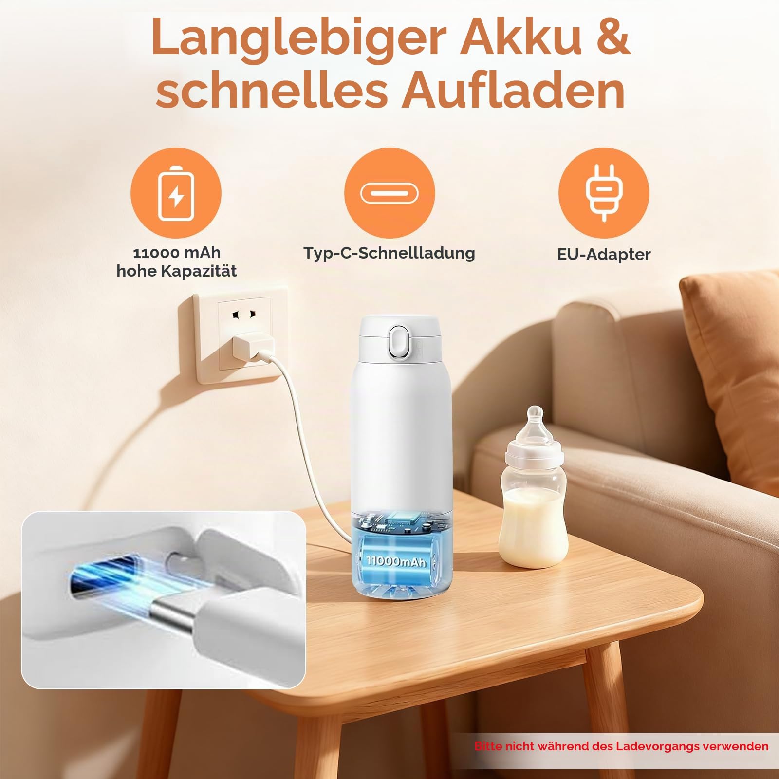 Tragbarer Flaschenwärmer Baby für Unterwegs, Zwei Heizmodi für Muttermilch und Wasser, Schnelles Aufheizen und Lange Akkulaufzeit, 500ml Kapazität, für Auto-und Flugzeugreisen