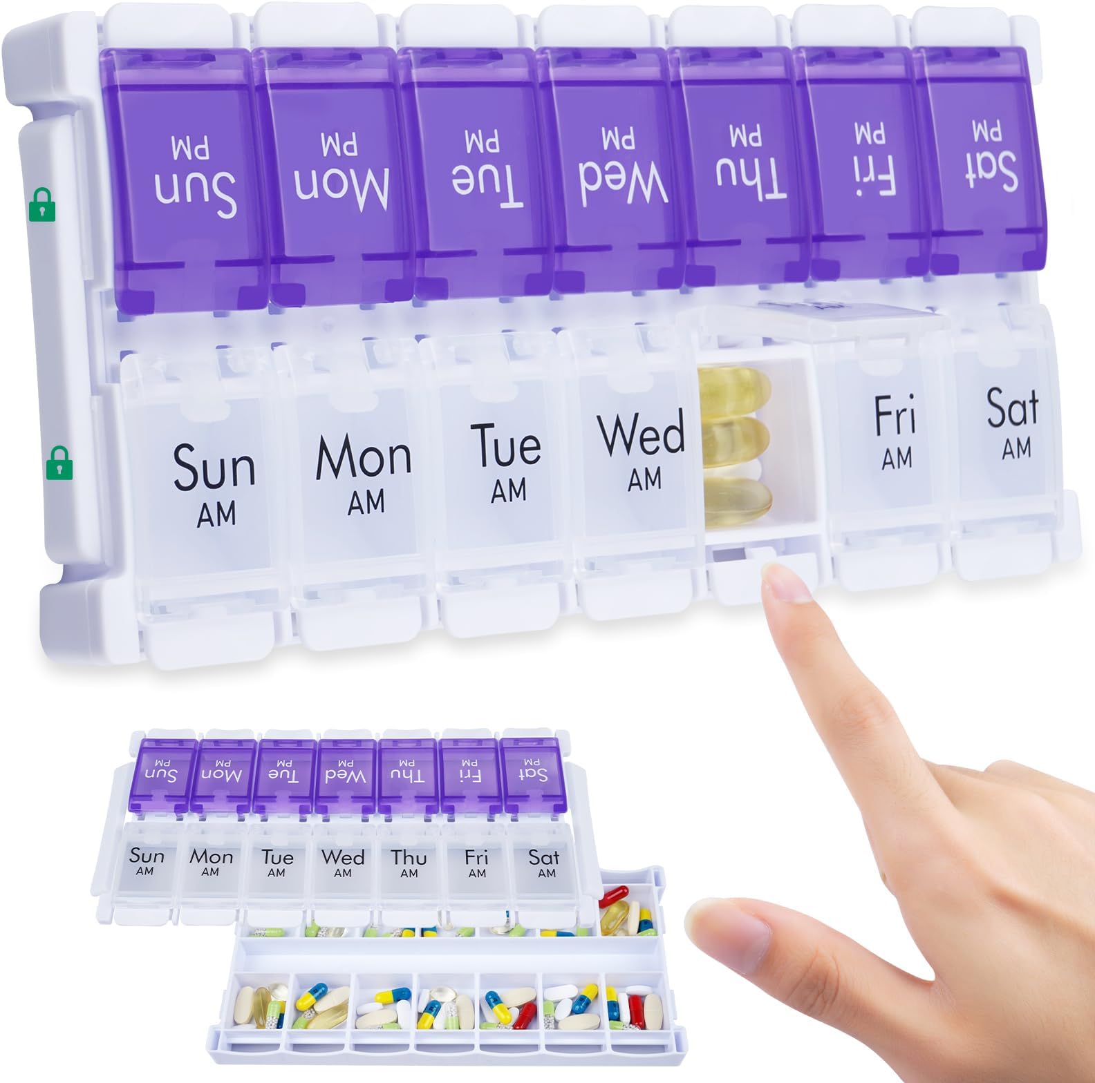 – Weekly Pill Organiser 2 Times a Day, Easy Fill Large Pill Box 7 Day, Am Pm Medicine Organiser, Push Button Daily Pill Case for Vitamin, Fish Oil, Supplements