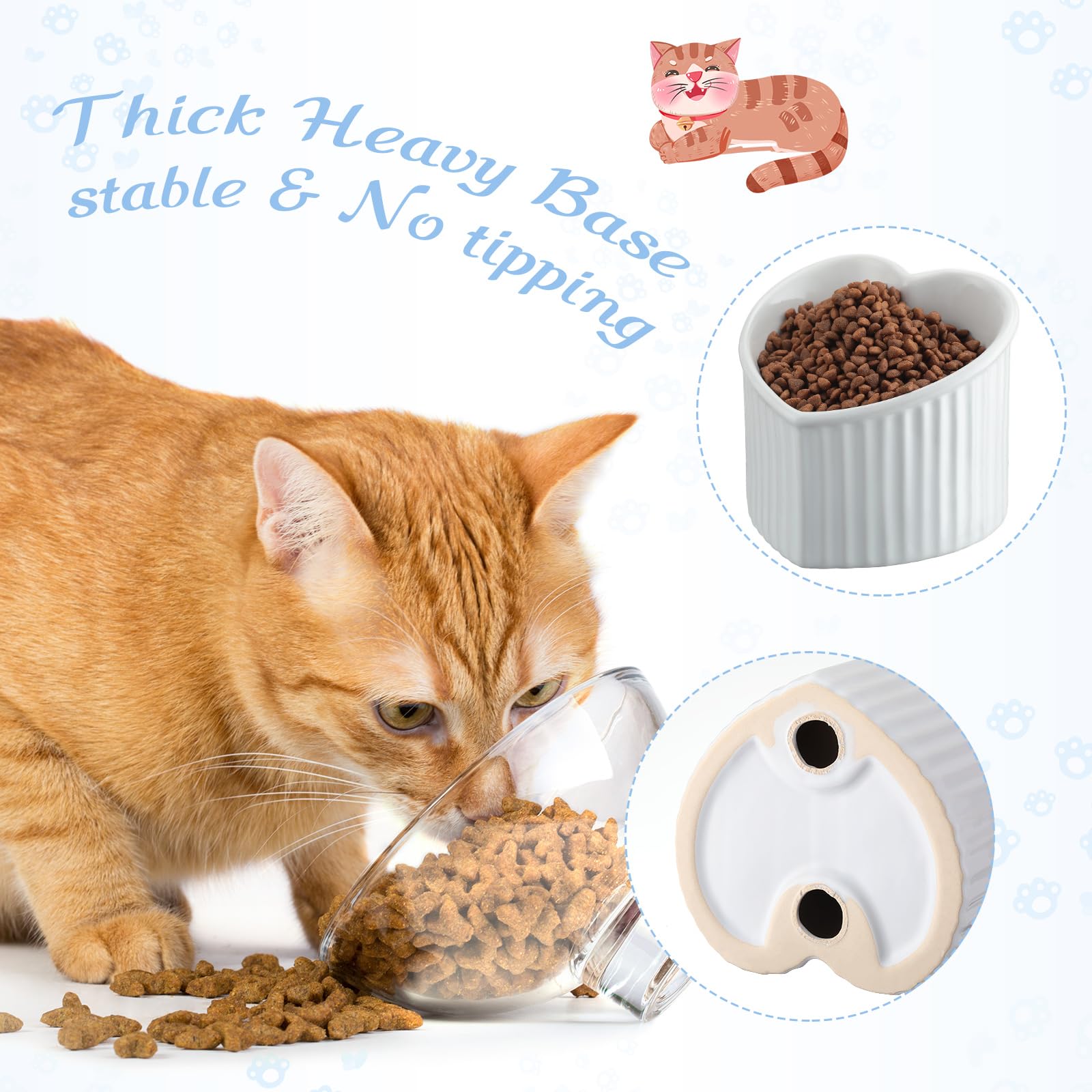 Mumufy 2 ciotole per gatti rialzate in ceramica inclinate rialzate per animali domestici, anti-vomito, per interni, senza stress, per cuccioli, a forma di cuore (bianco perlato)