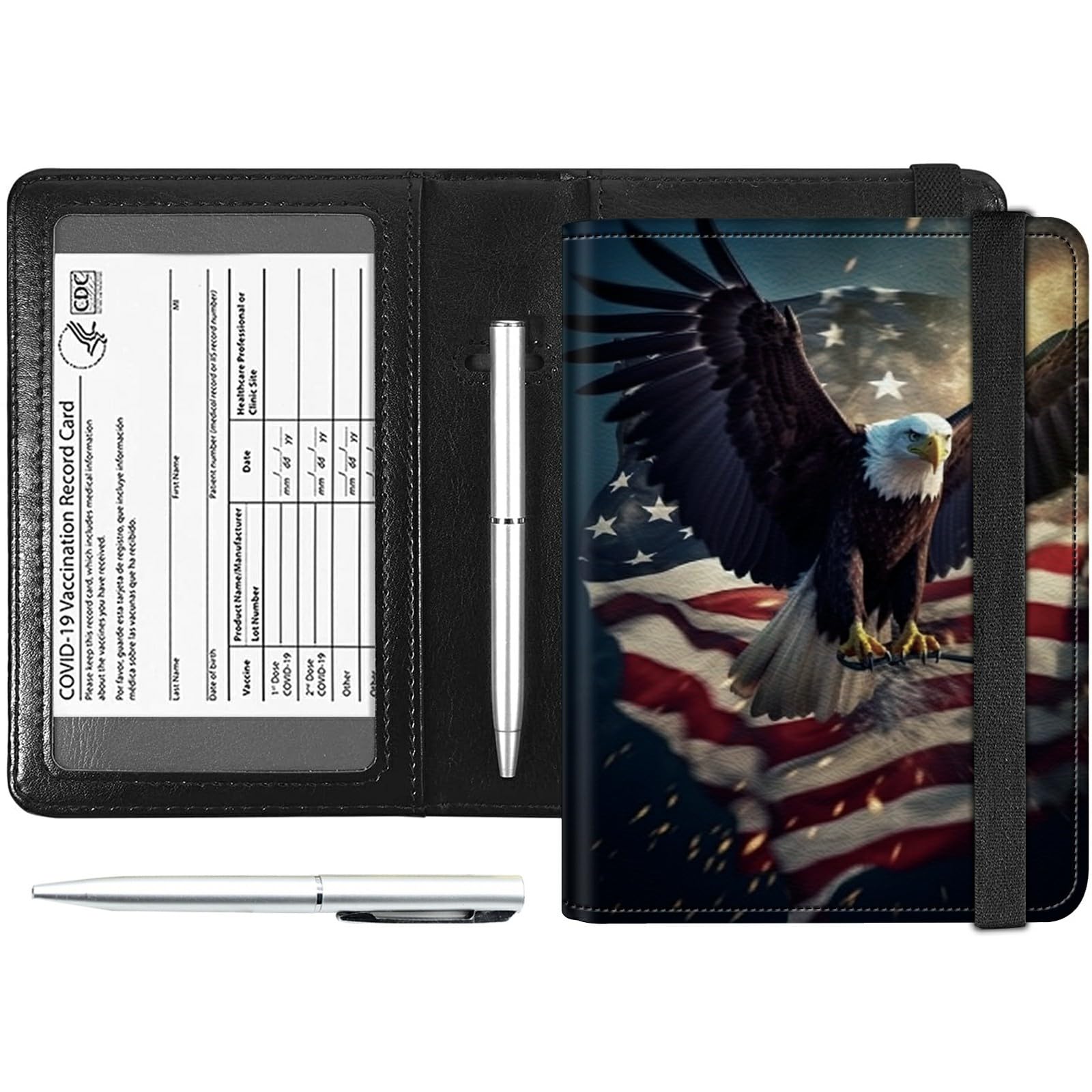 Combo de tarjetero para pasaporte y vacunación, piel sintética, bloqueo RFID, funda para pasaporte para mujer, funda de cuero con banda elástica, con bolígrafo, multicolor/fantasía (American Flag