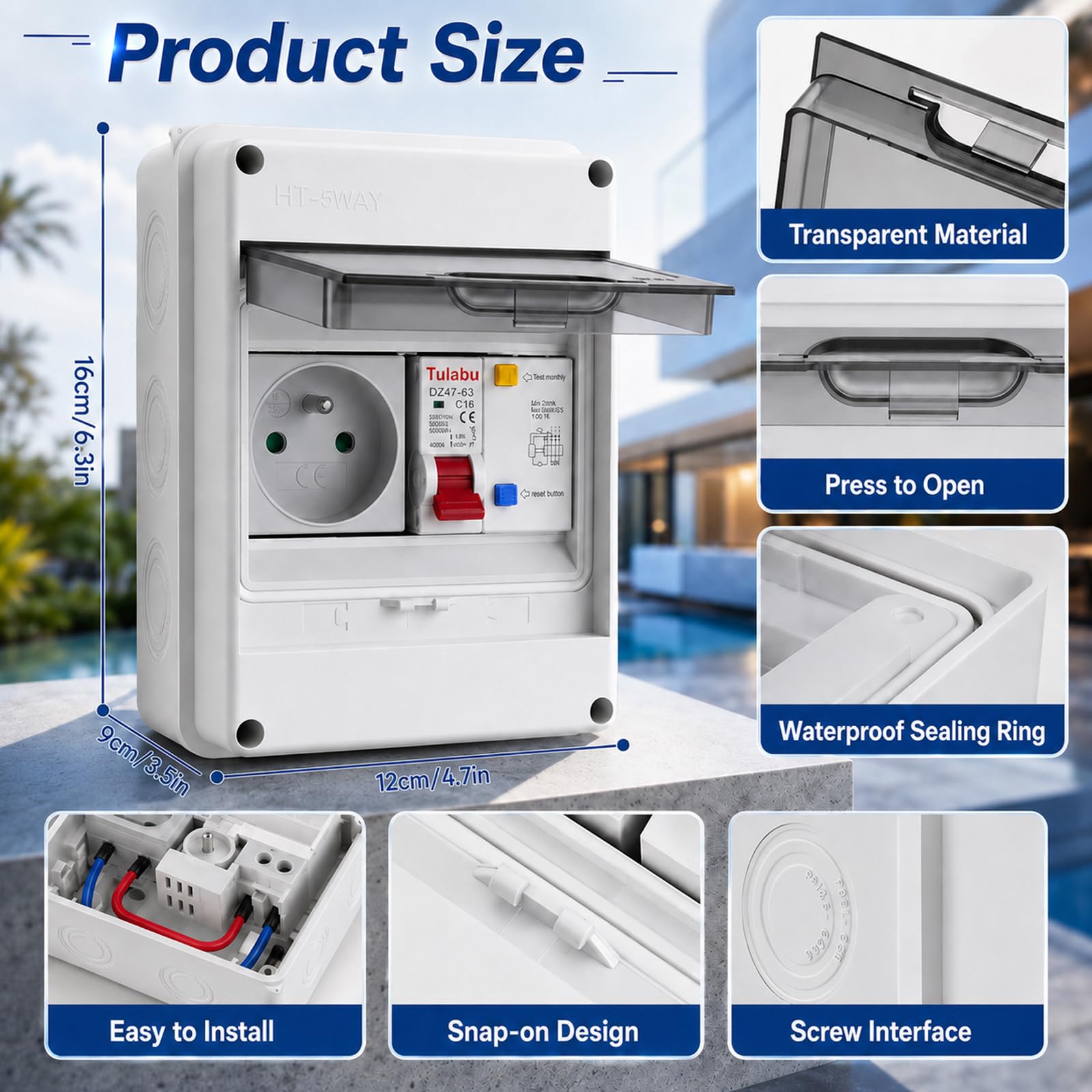 Centralino portafusibili parete IP65 con presa e RCD 16 A | Centralino portafusibili parete 1 fila con presa 16A e interruttore magnetotermico C16A 230 V, per uso interno ed esterno