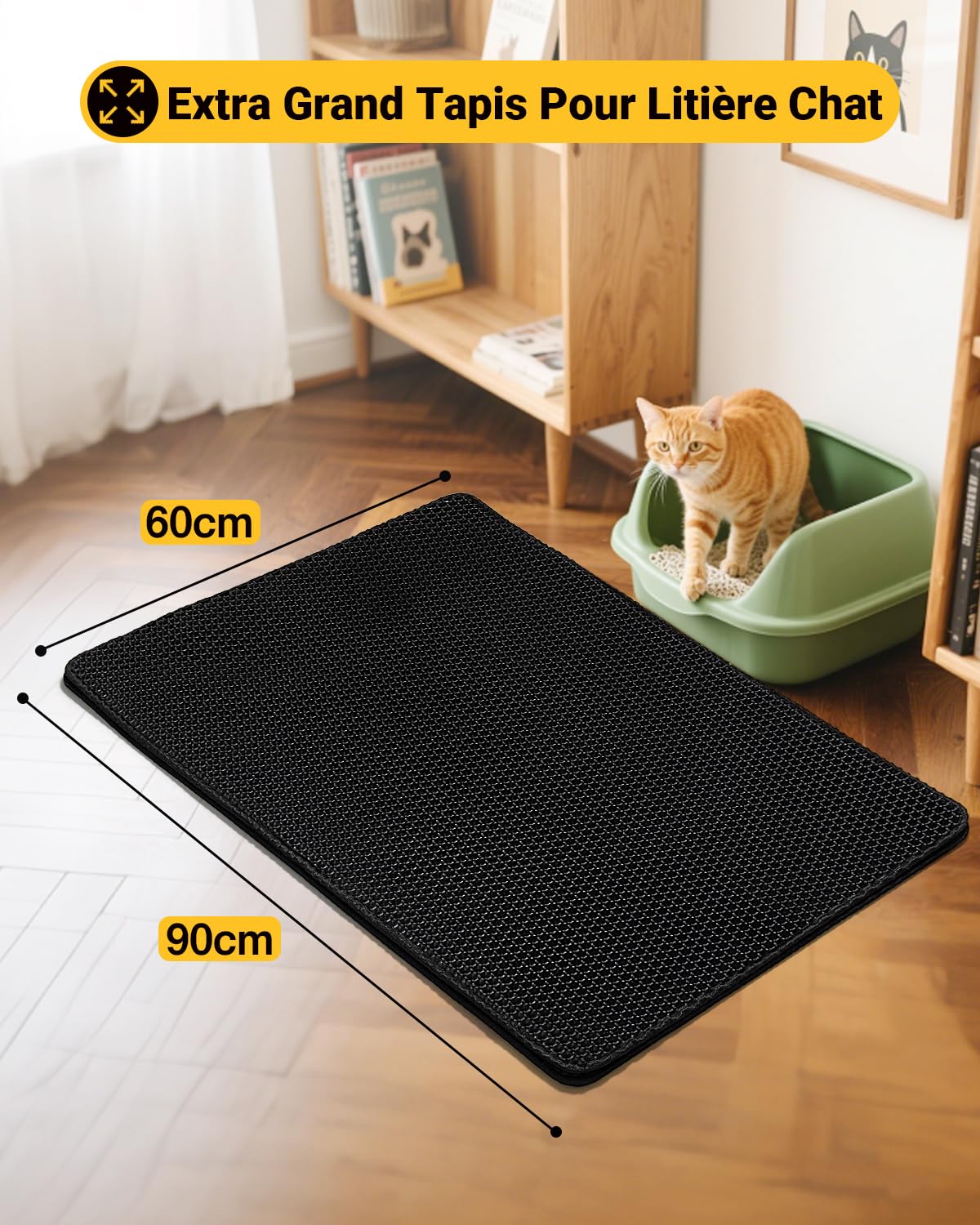 Ycozy Grand Tapis Litière Chat 90 x 60 cm Extra Grand Tapis de Toilette pour Chat Bac à Litiere Conception en Nid D'abeille Double Couche EVA, Antidérapant Imperméable et Résistant à L'urine