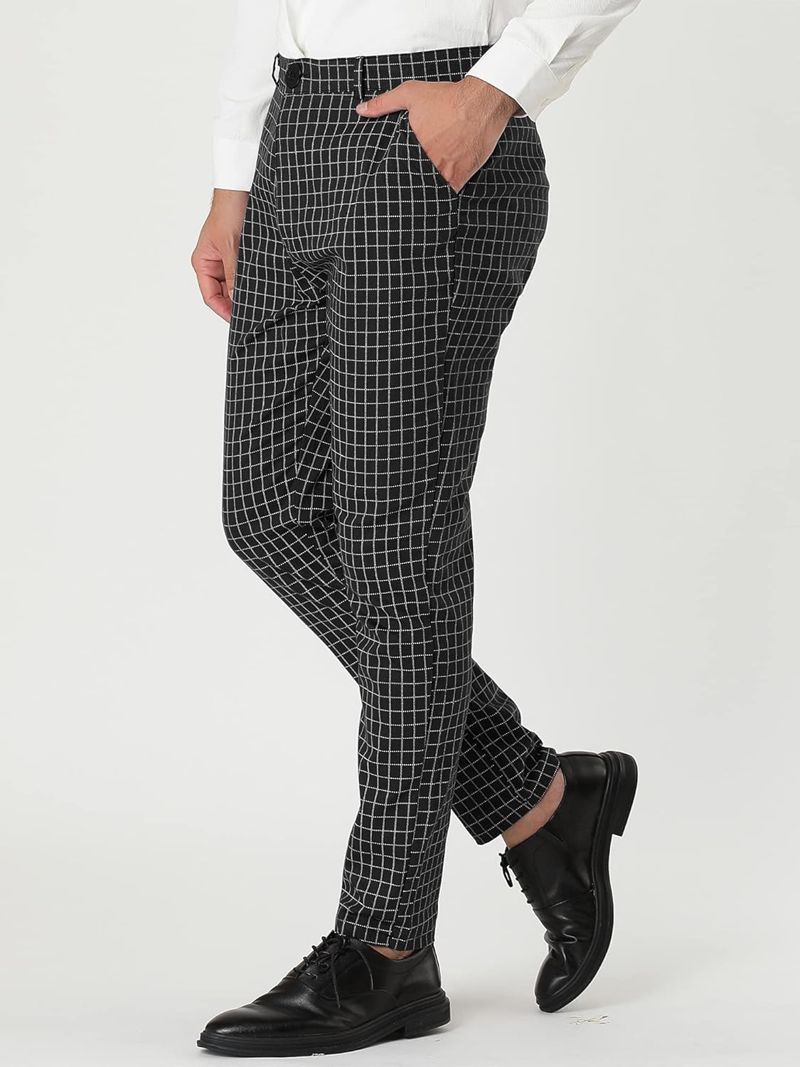 Lars Amadeus Men's Business Pants Checked Printed Slim Fit Flat Front Plaid Dress Trousers - Image 2